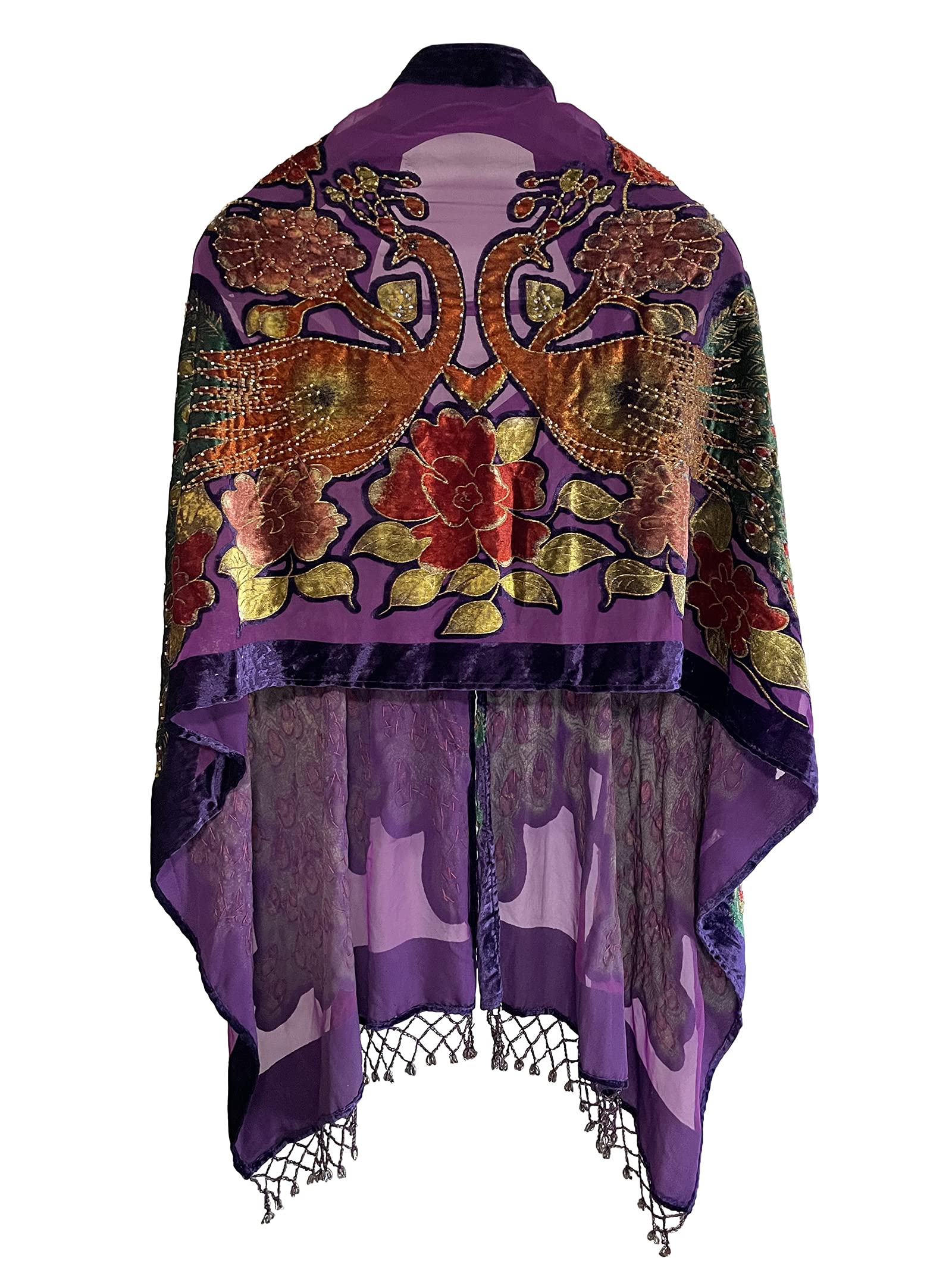 Peacock Velvet Shawl with Fringe Beaded Shawl for Women Peacock scarf Handmade Beading Indian Wraps for wome Tassel, Purple, One Size