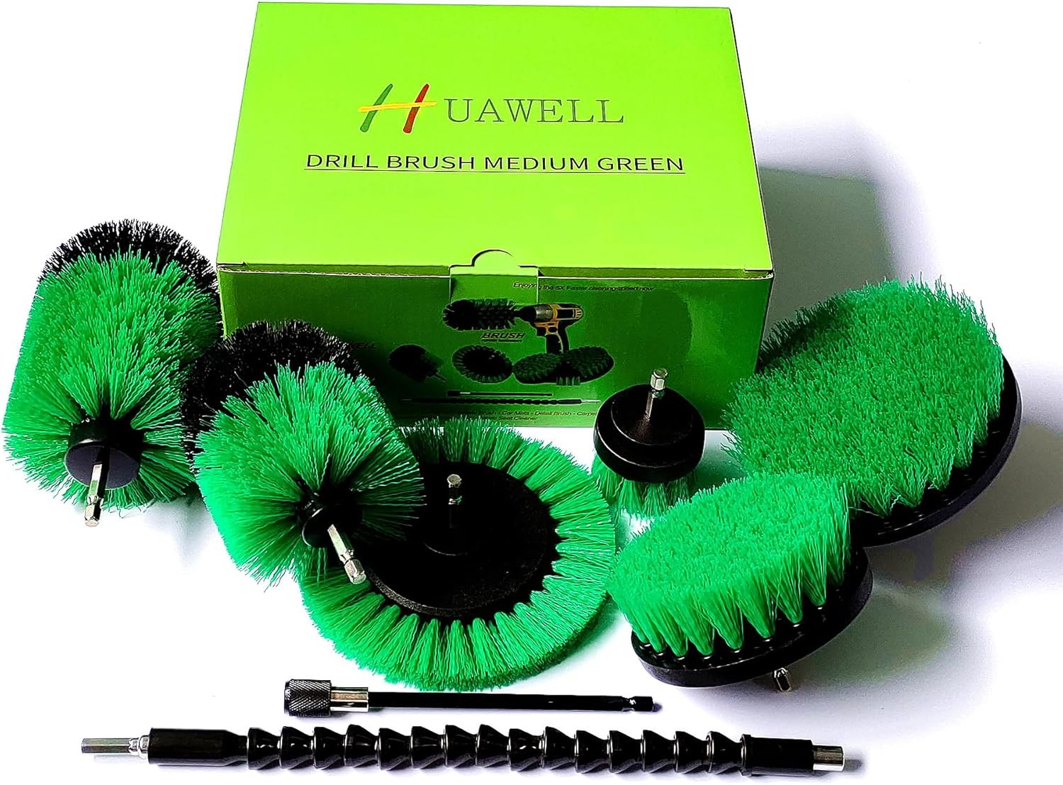 HUAWELL Drill Brush with Long Attachment Set Green Kitchen Cleaning Brushes All Purpose for Bathroom,Kitchen,Grout,Tub,Tile,Corners,Auto- Green