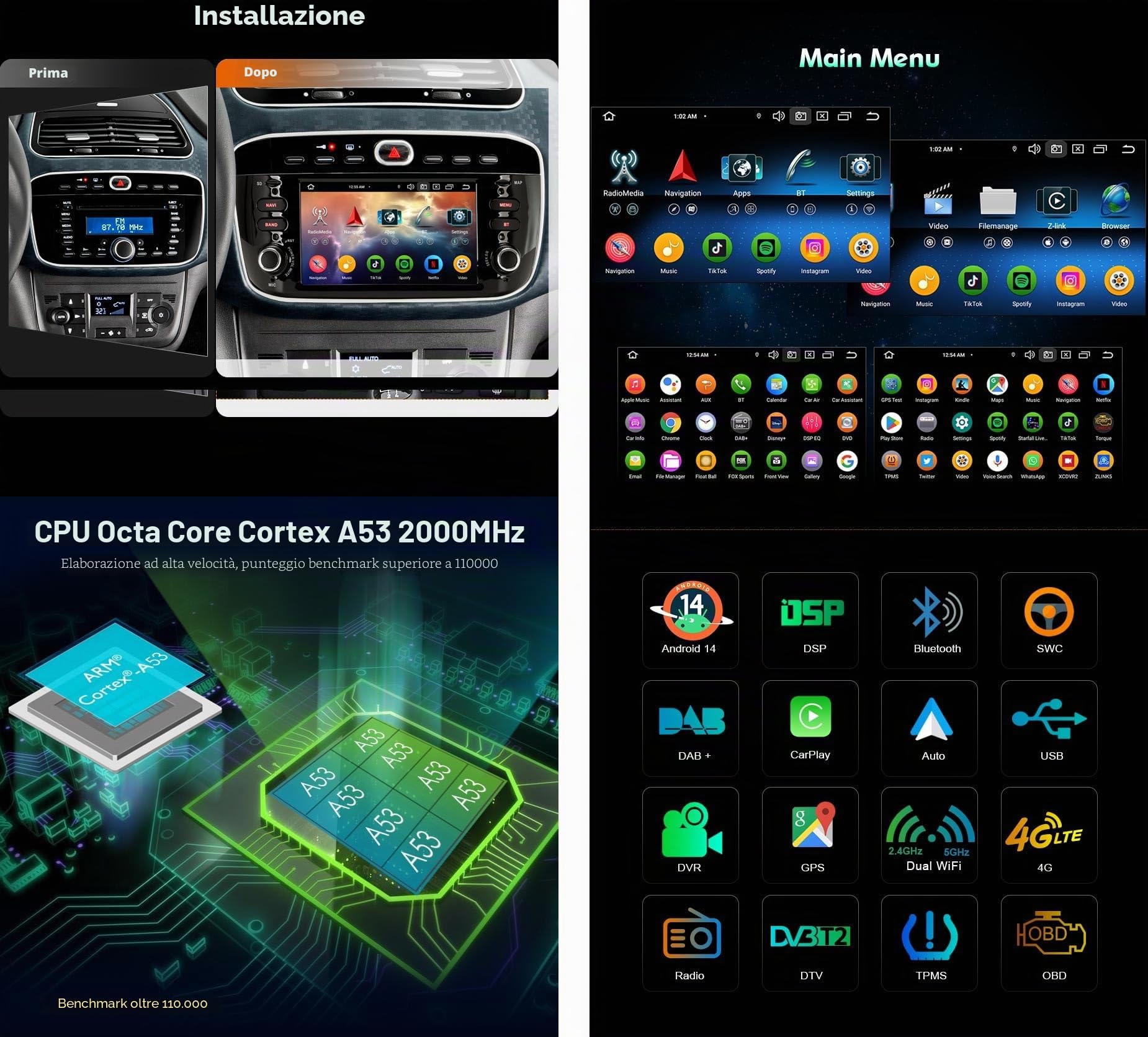 8-Core 4GB RAM+64GB ROM Android 14 Autoradio per Fiat Grande Punto Fiat Linea Supporto GPS Navigatore Bluletooth 5.0 CarPlay Android Auto WiFi 4G DSP DAB+ USB FM RDS OBD2 Canbus Controllo del volante