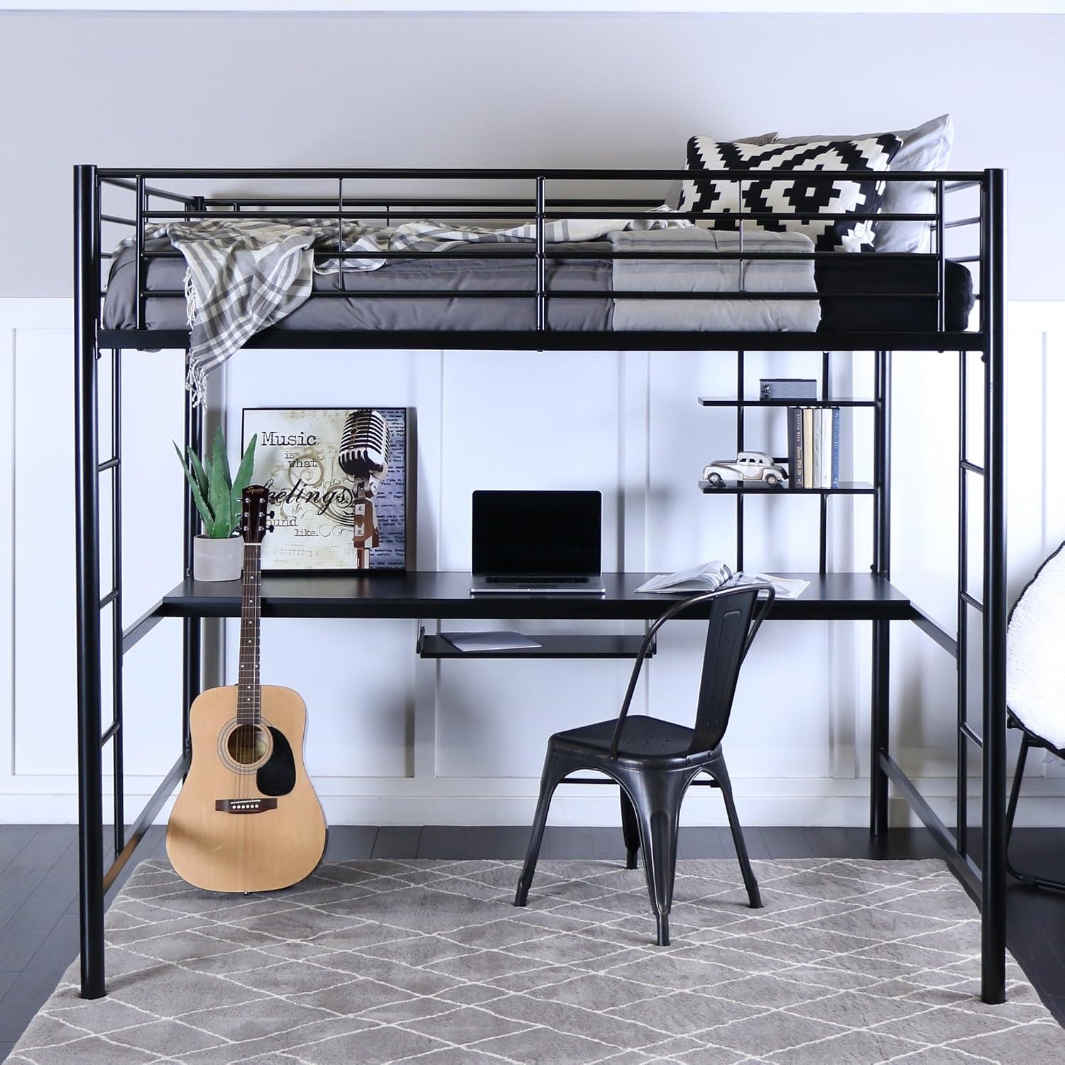 Pemberly Row Full Over Workstation Bunk Bed, Powder-Coated Steel Frame, Black Finish, 71" H x 79" W x 55" D, Integrated Ladder, Guardrails, Keyboard Tray, Shelving, Space-Saving Design for Bedroom