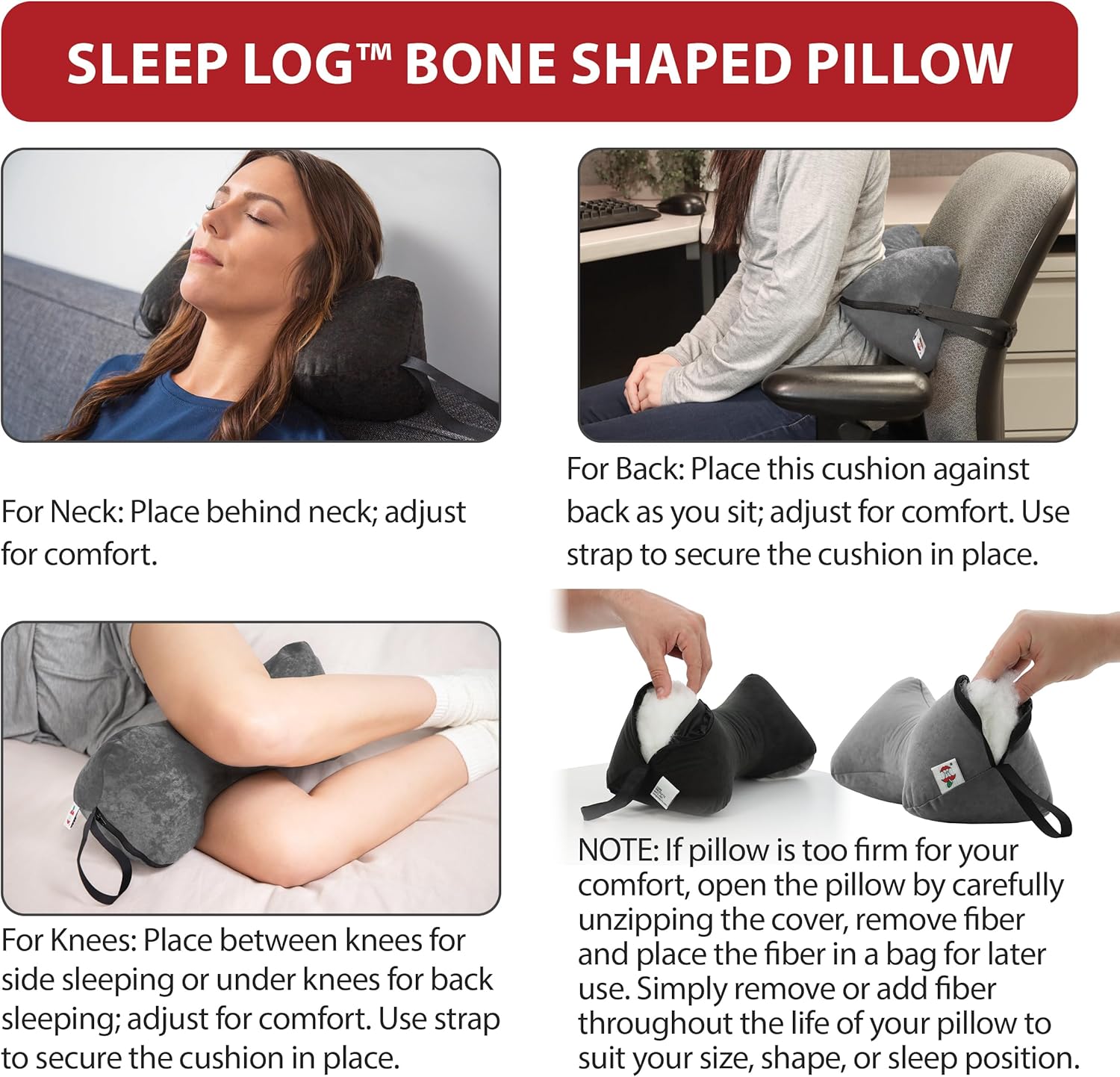 Core Products Sleep Log Bone Shaped Chiropractic Neck and Back Pillow for Cervical Support, Adjustable Firmness, Midsize - Travel or Use at Home, 13" x 6" x 6", 60" Strap
