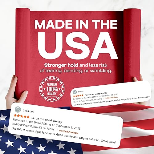 Miniatura 3 de IDL Packaging - Rollo de papel kraft rojo de 36 x 2160 pulgadas (180 pies), hecho en Estados Unidos, grosor 45 libras, arte, envoltura regalos,