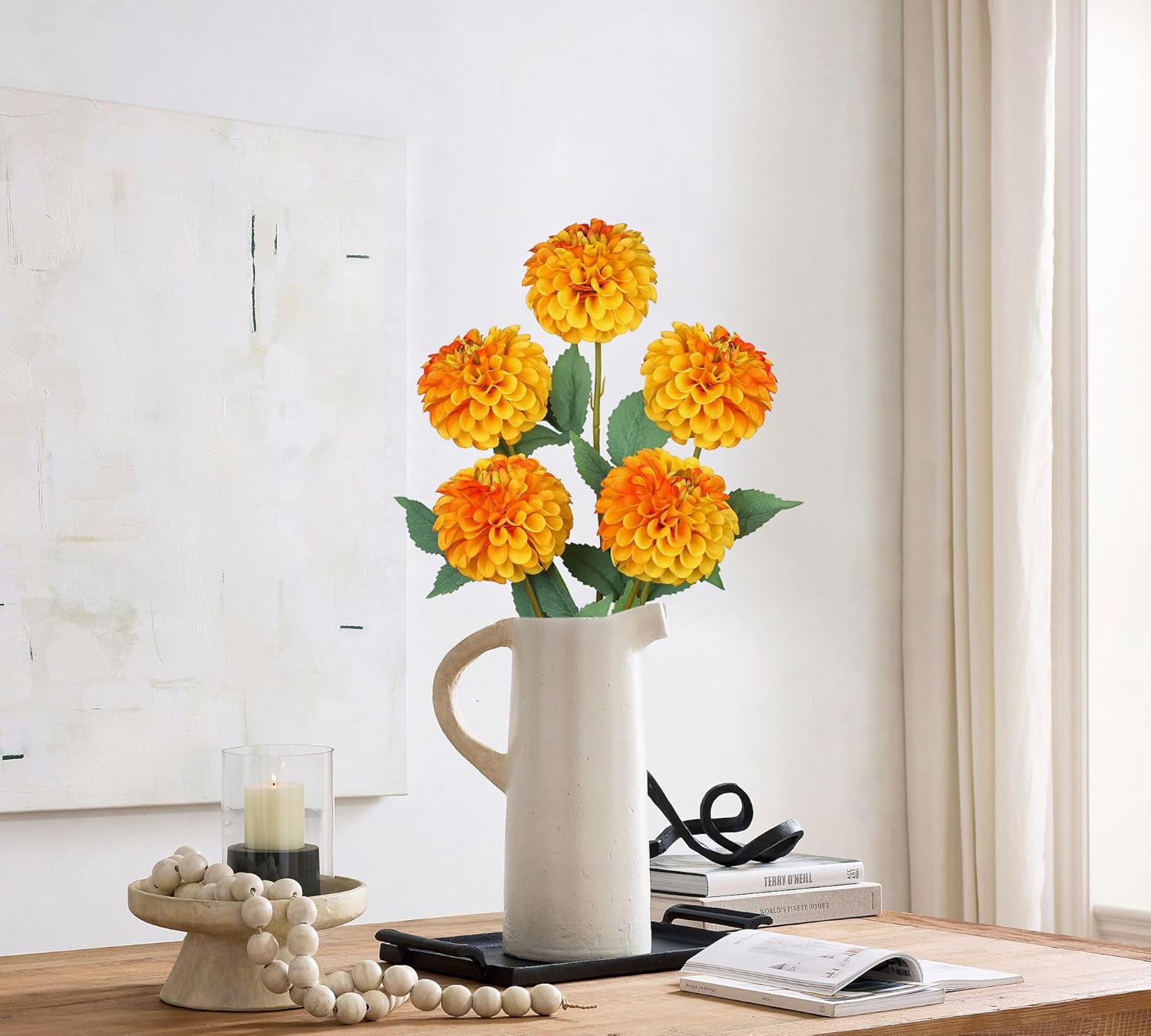 Hollyone 5PCS Dahlia Fall Flowers Artificial for Decoration Fake Ball Dahlias Flowers 21.2" Orange Autumn Silk Flower Arrangements Faux Roses Flower Bouquets Centerpieces Fall Decorations for Home - Image 4