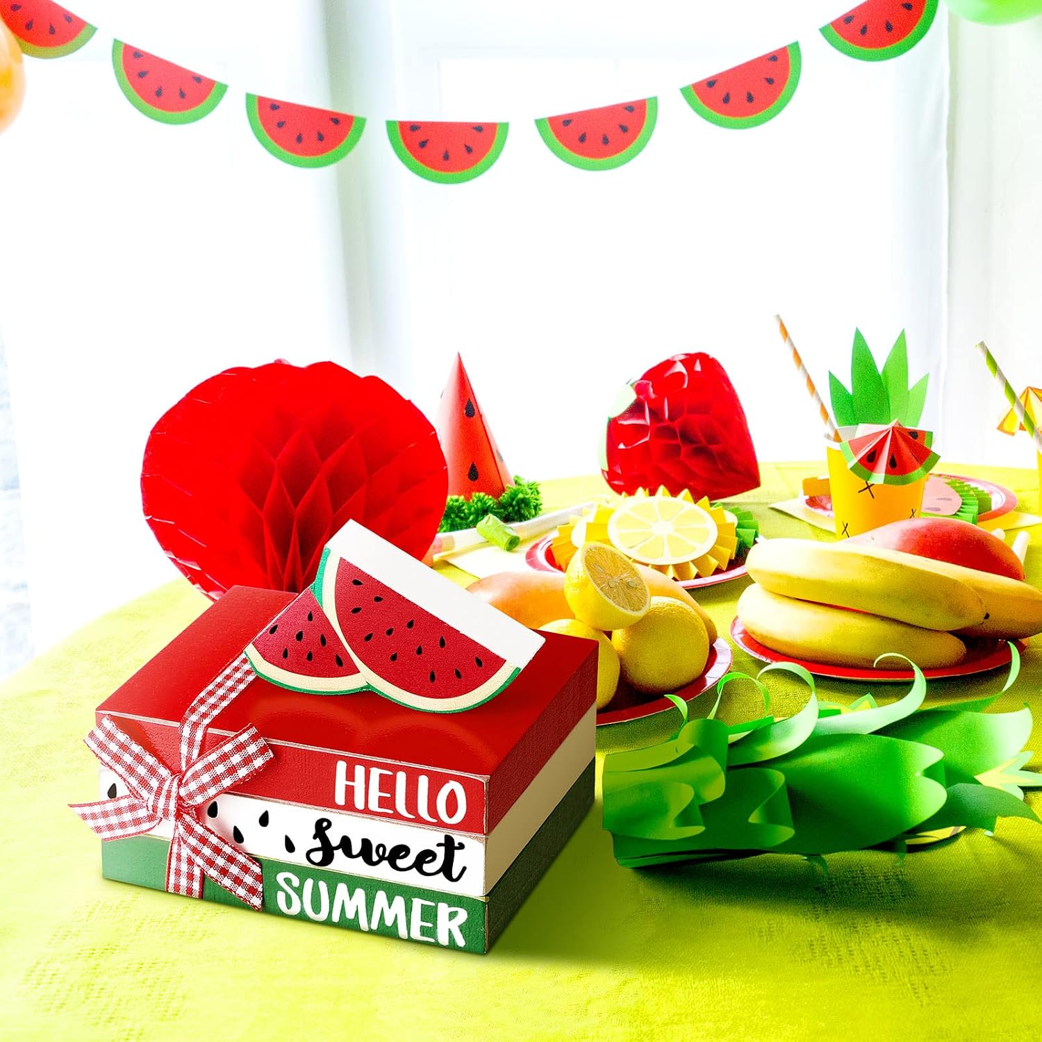 Blulu 6 Pcs Watermelon Decorations for Home, Summer Watermelon Wooden Table Decor, Hello Sweet Summer Tabletop Centerpieces Red Green Tassel Bead Garland for Home Kitchen Shelf Office Desk Tiered Tray