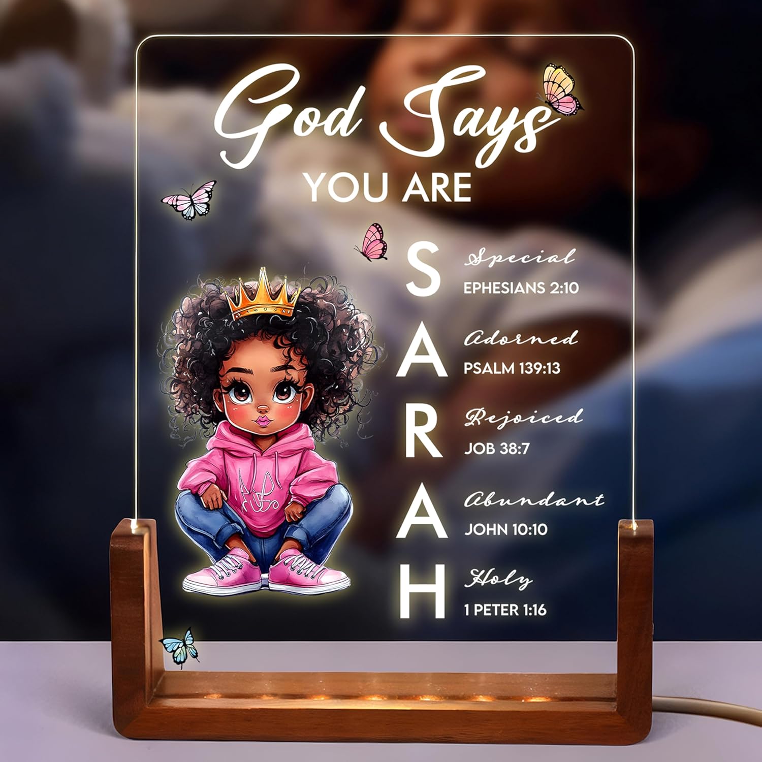 Personalized Night Light with Name, Custom Acrylic Lamp on Beech Base, Room Decor Night Lamp, Birthday Gifts for Kids (Cute Cowgirl)