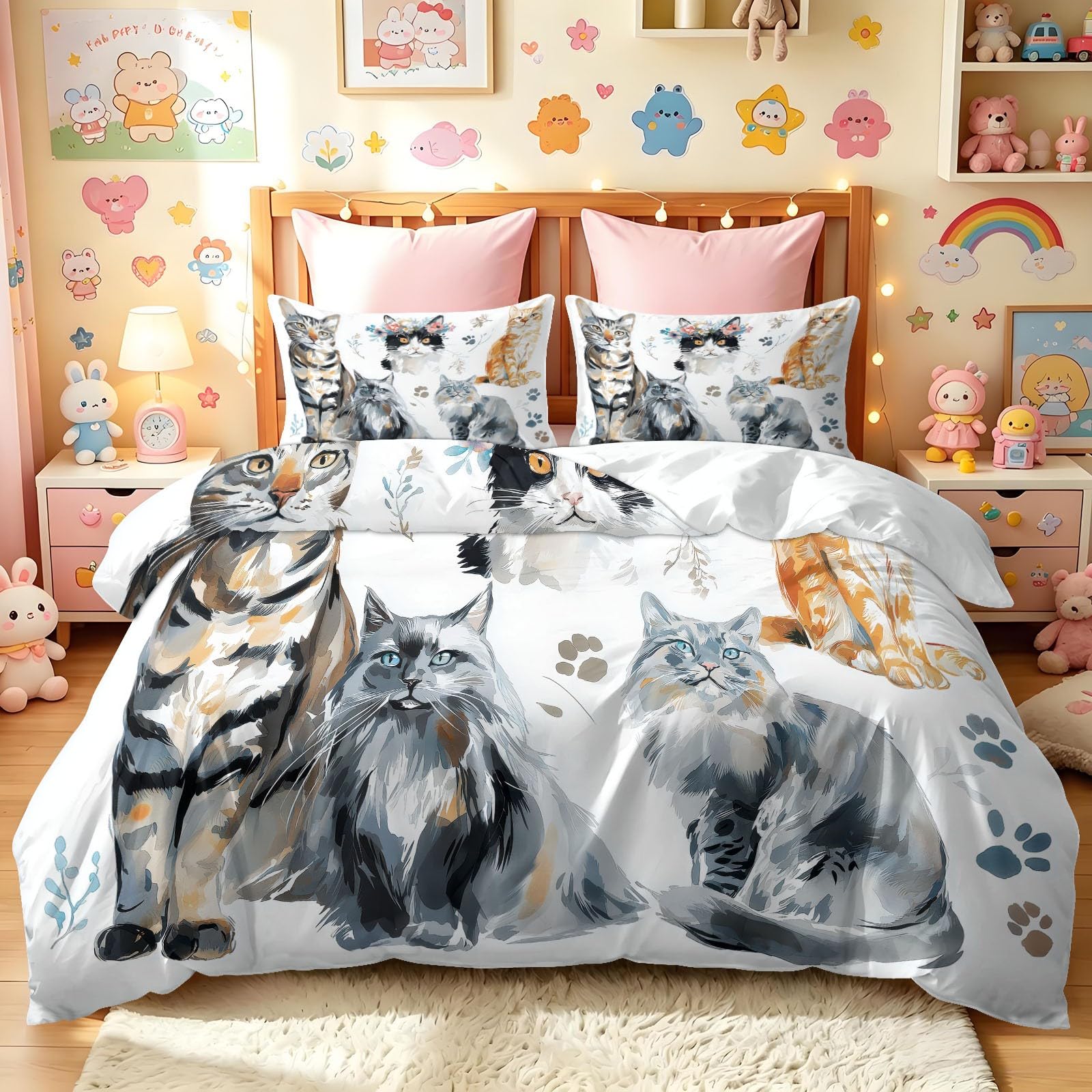 Juego de funda de edredón de tamaño King dibujado a mano con cremallera oculta, estampado de huellas de gato, microfibra con 2 fundas de almohada de 50 x 75 cm, reversible, transpirable