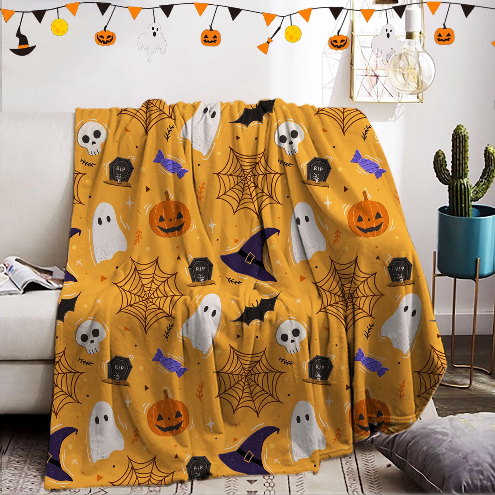 Plaid Halloween 130x150 Cm - Flanelle Douce Motifs Chauves-souris, Citrouilles - Couverture Canapé Déco Festive