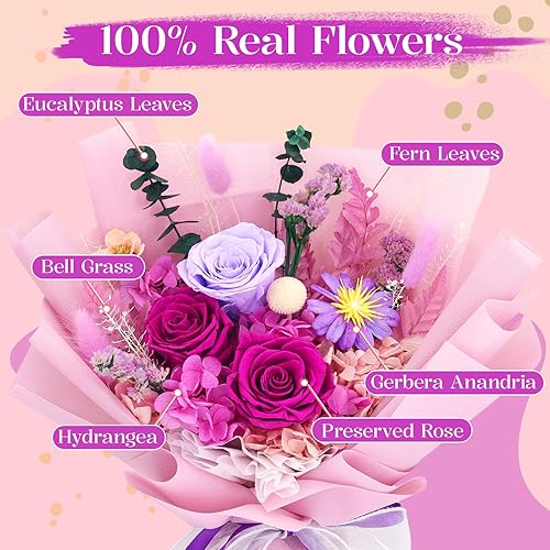Miniatura 3 de Flores preservadas para entrega, ramo de flores moradas frescas con caja de regalo, rosa eterna para su madre, esposa, novia en Navidad, día de San