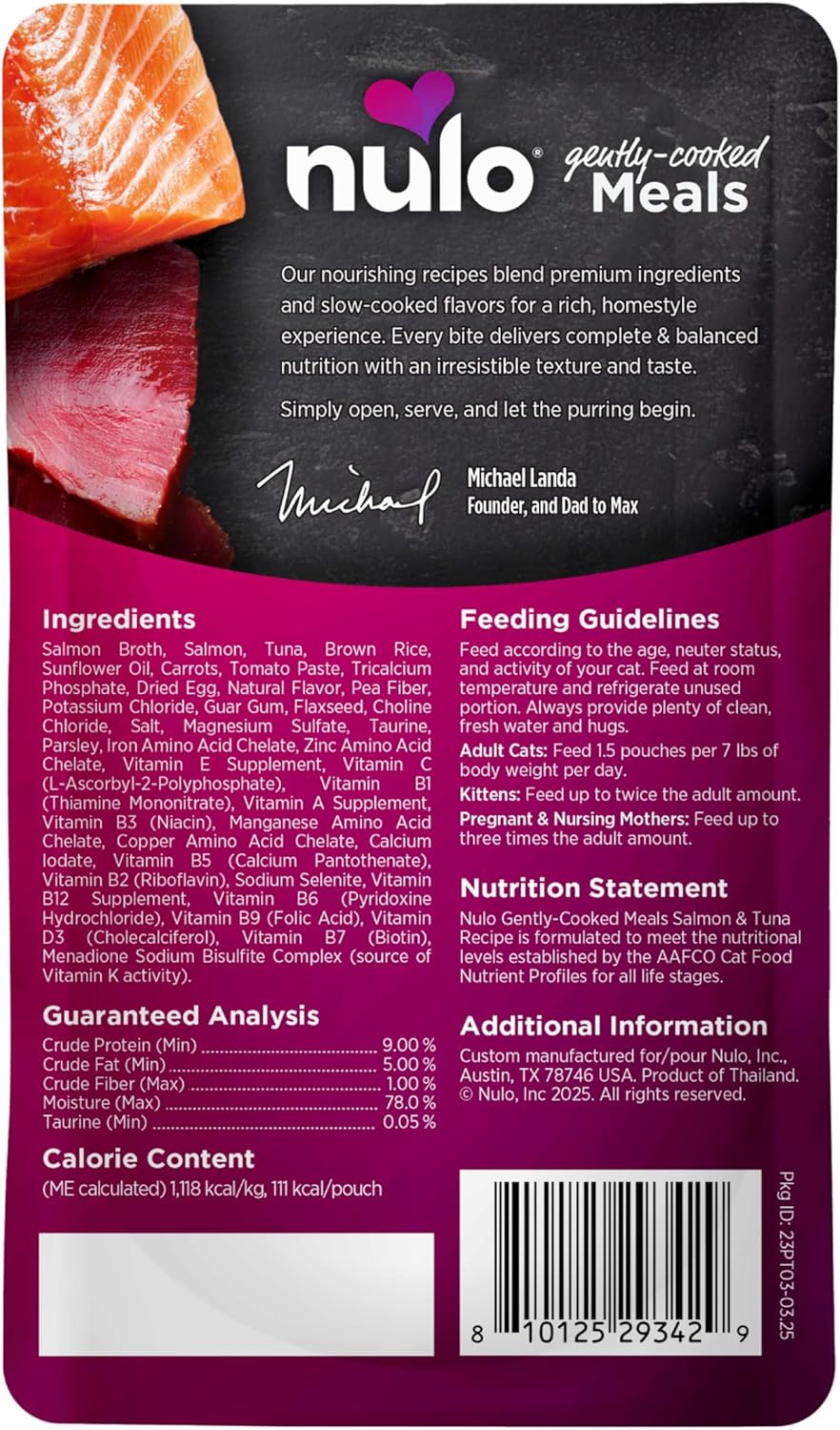 Nulo Gently Cooked Meals Salmon & Tuna Wet Shelf Stable Fresh Cat Food 3.5-oz Pouch Case of 24
