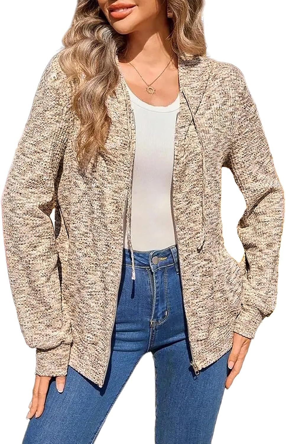 SHEWIN 2025 Fall Hoodies Waffle Knit Zip Up Sweatshirt Comfy Loose Fit Shakcet