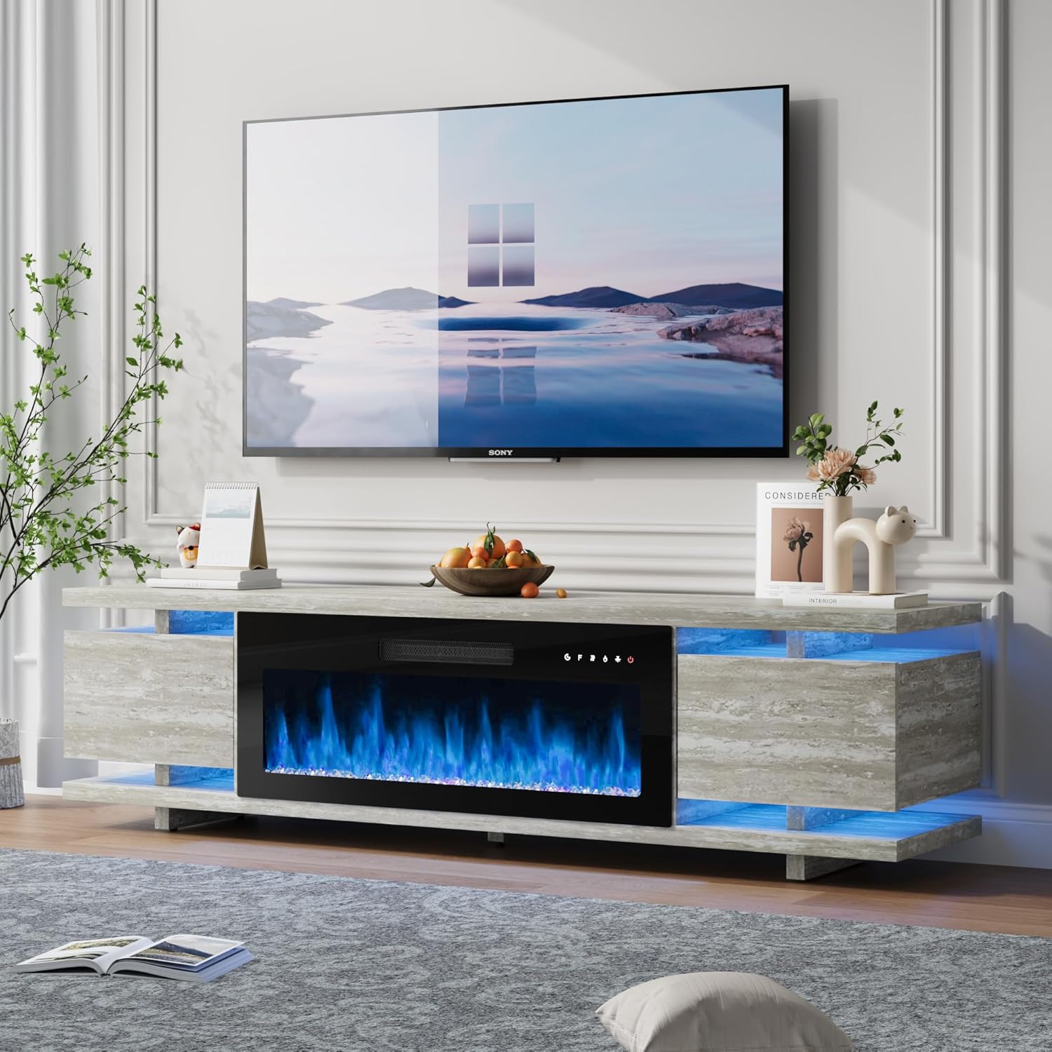 Rresyet Marble Textured Fireplace Stand with 36" Electric Fireplace, LED Entertainment Center, Hidden Gloss Storage Cabinet, Modern TV Stands for Living Room, Fits Screens Up to 80" Travertine