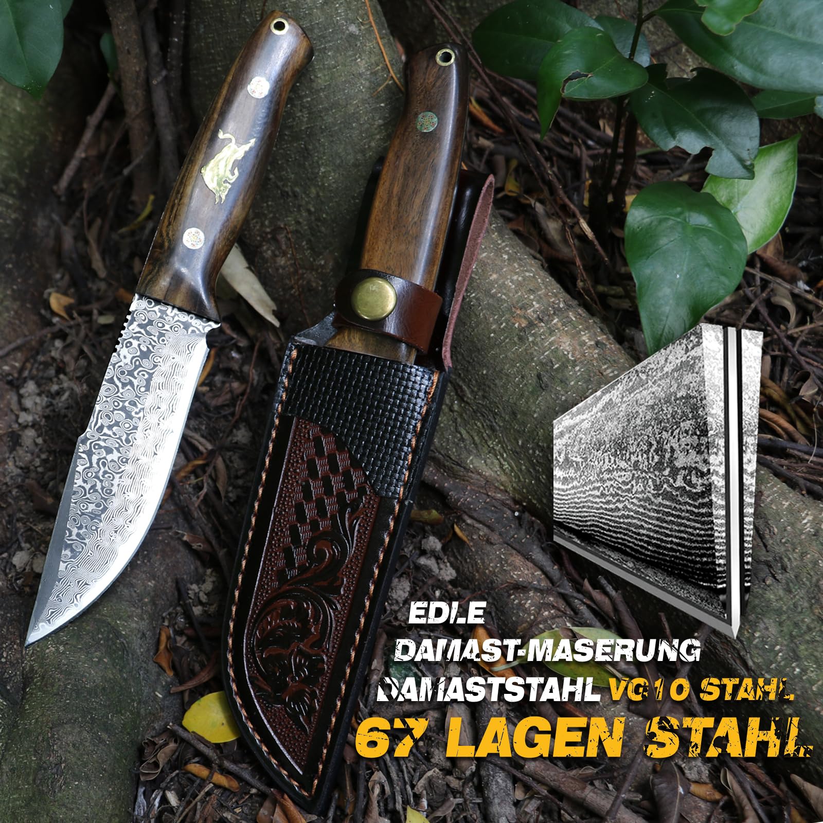 Handgeschmiedetes 67-lagiges VG10 Damast-Festklingenmesser,Outdoor Jagd-Überlebens-Gürtelmesser für Camping,Wandern,Angeln,Massivholzgriff+Echtlederscheide,edle Geschenkbox für Herren&Sammler
