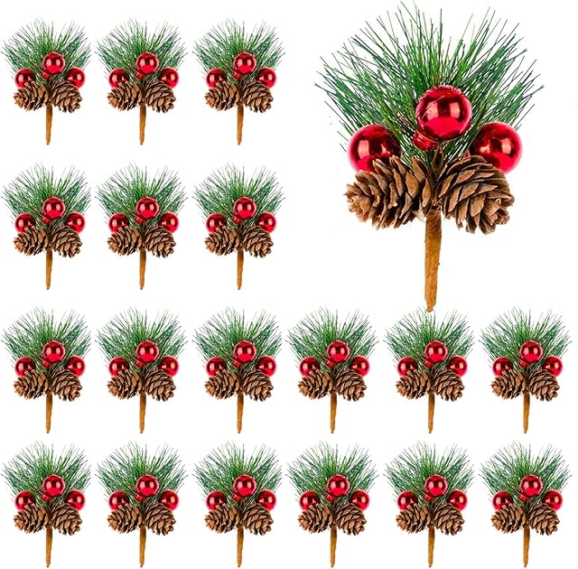 KY-Tech Artificial Christmas Pine Picks, 24pcs Artificial Pine Picks Red Berries Pine Cones Christmas Wreath Making Supplies for Christmas Craft Decoration