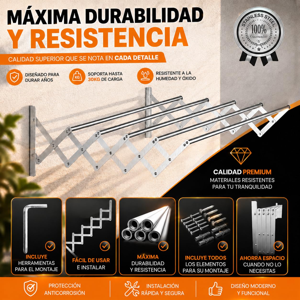 TEHORNEO Tendedero Extensible Pared 140 cm, Tendedero Pared Acero Inoxidable, Tendederos Plegables de Pared, Tendedero Retractil, Tendal Extensible para Interior y Exterior, 30 kg Capacidad (140 cm)
