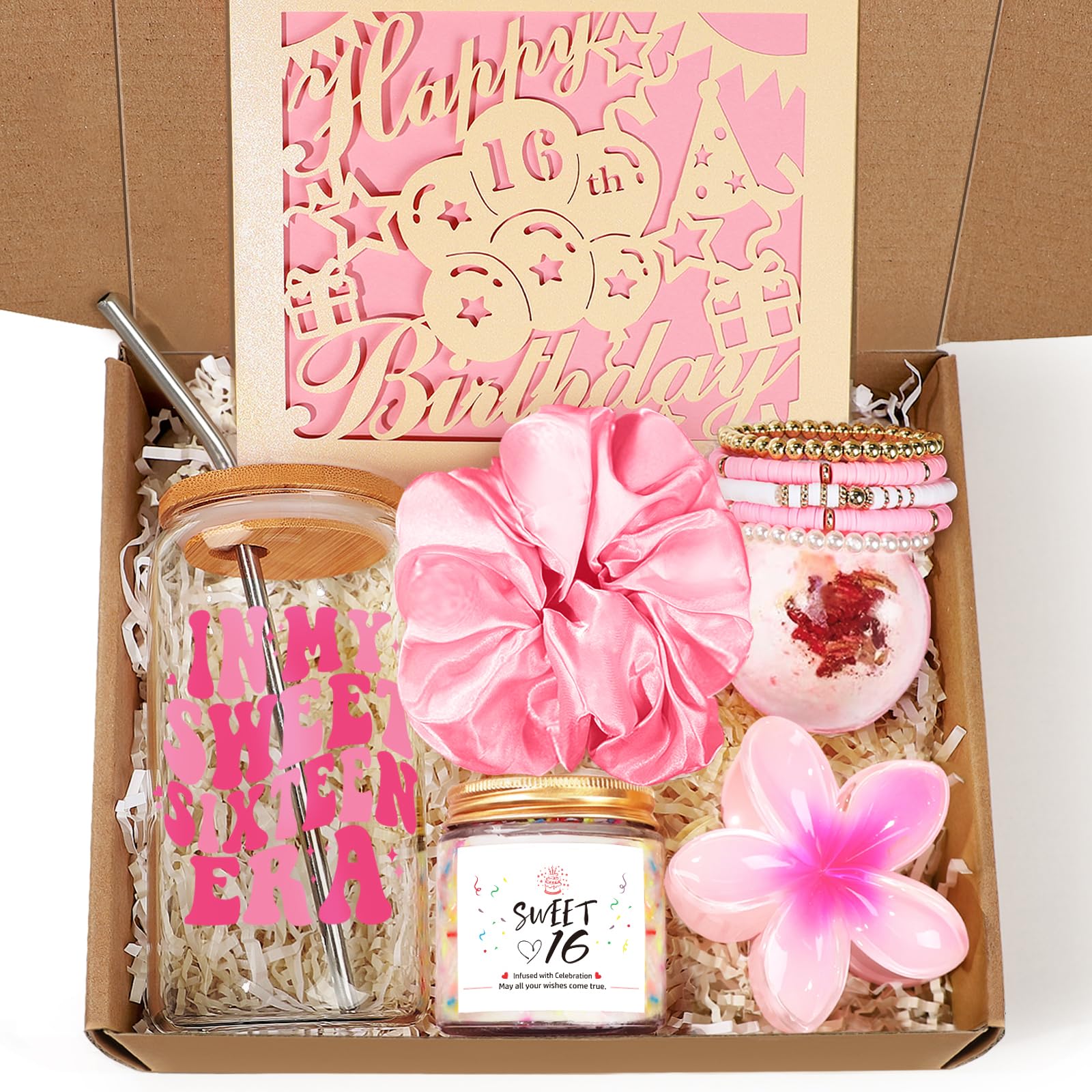 16th Birthday Gifts for Girls, Happy 16th Birthday Gift Ideas, Unique Birthday Gift for 16 Year Old Girl, Daughter, Niece, Granddaughter, Best 16th Birthday Gifts Box for Girls with 16oz Glass Cup