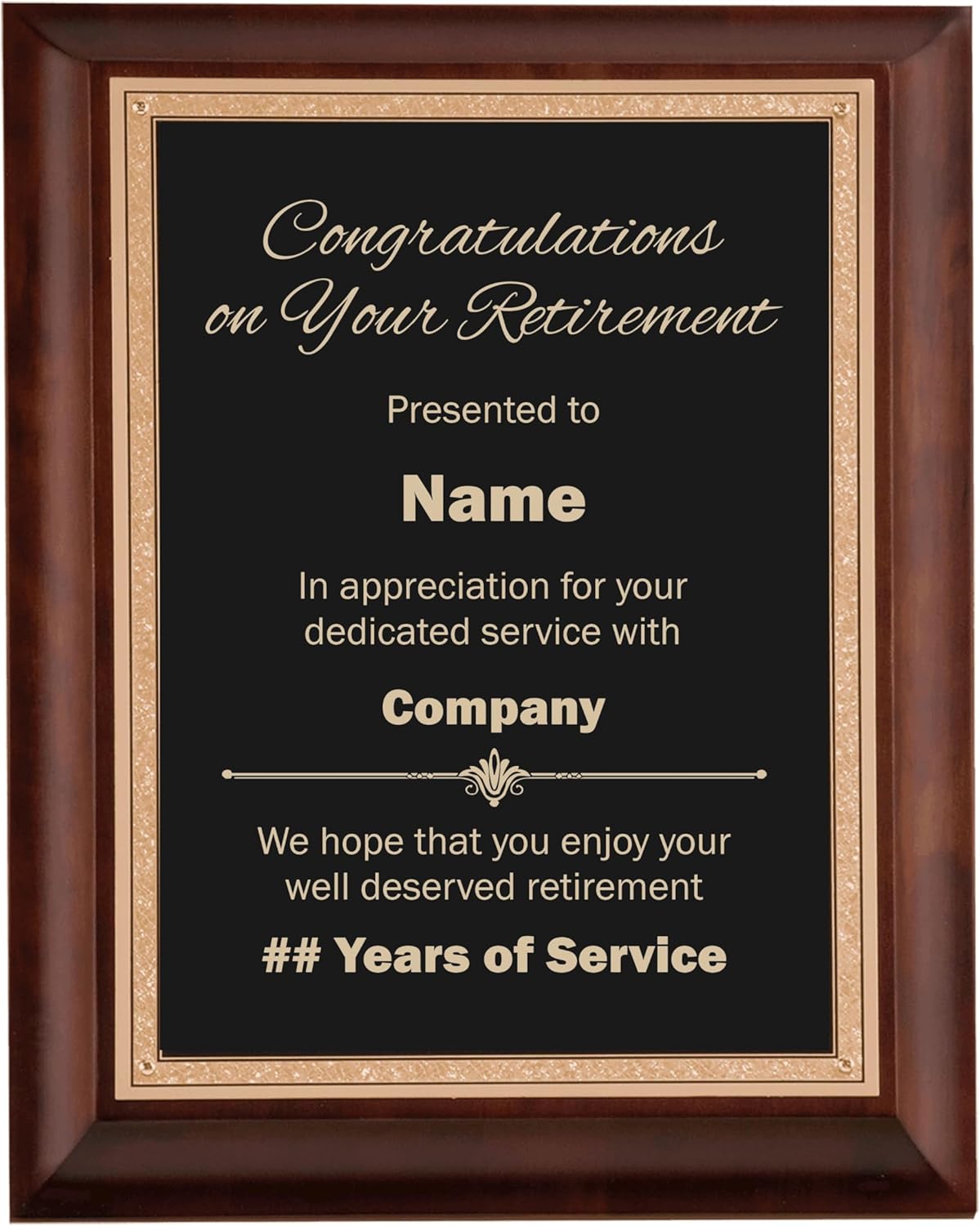 Retirement Plaque Award Congratulations on Your Retirement with Custom Text Engraved 8x10 Cherry Wood and Brass Plate Plaque