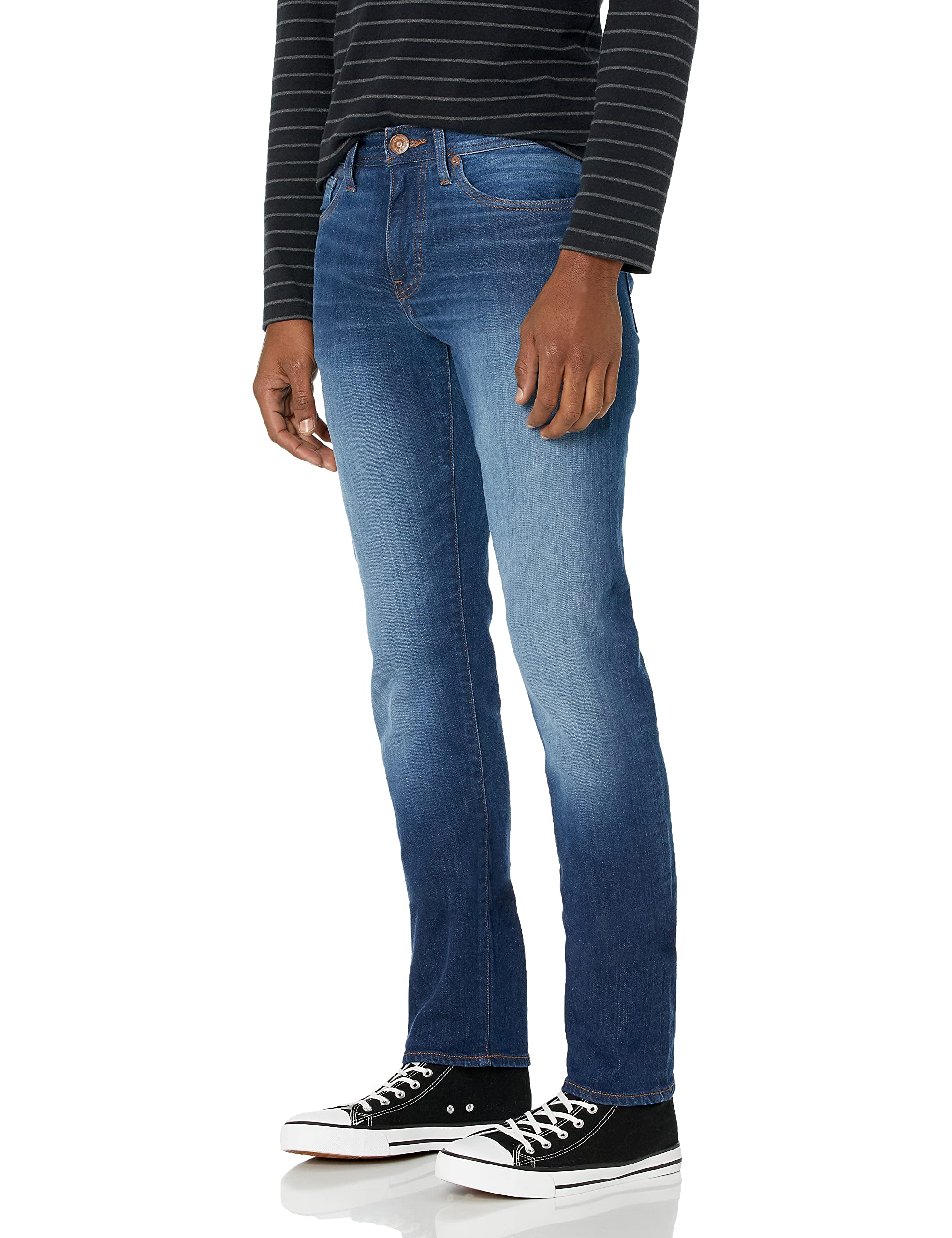 mens Recylced Medium Blue Tabacco Stitching Straight Denim Jeans Jeans