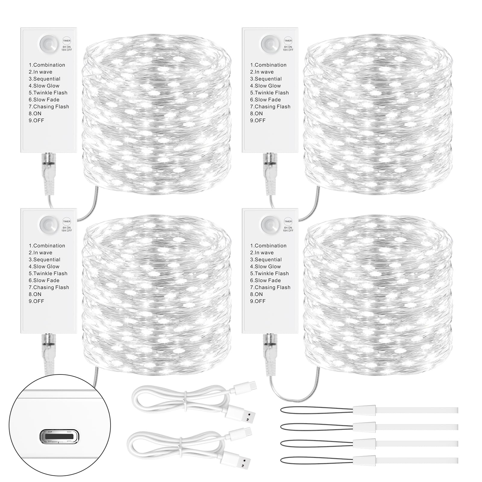 LED Fairy Lights 5 m with Rechargeable Battery Compartment, 50 LEDs, 8 Modes & Timer, Silver Wire Fairy Lights for Christmas, Wedding, Indoor Decoration, Party (Cool White, Pack of 4)