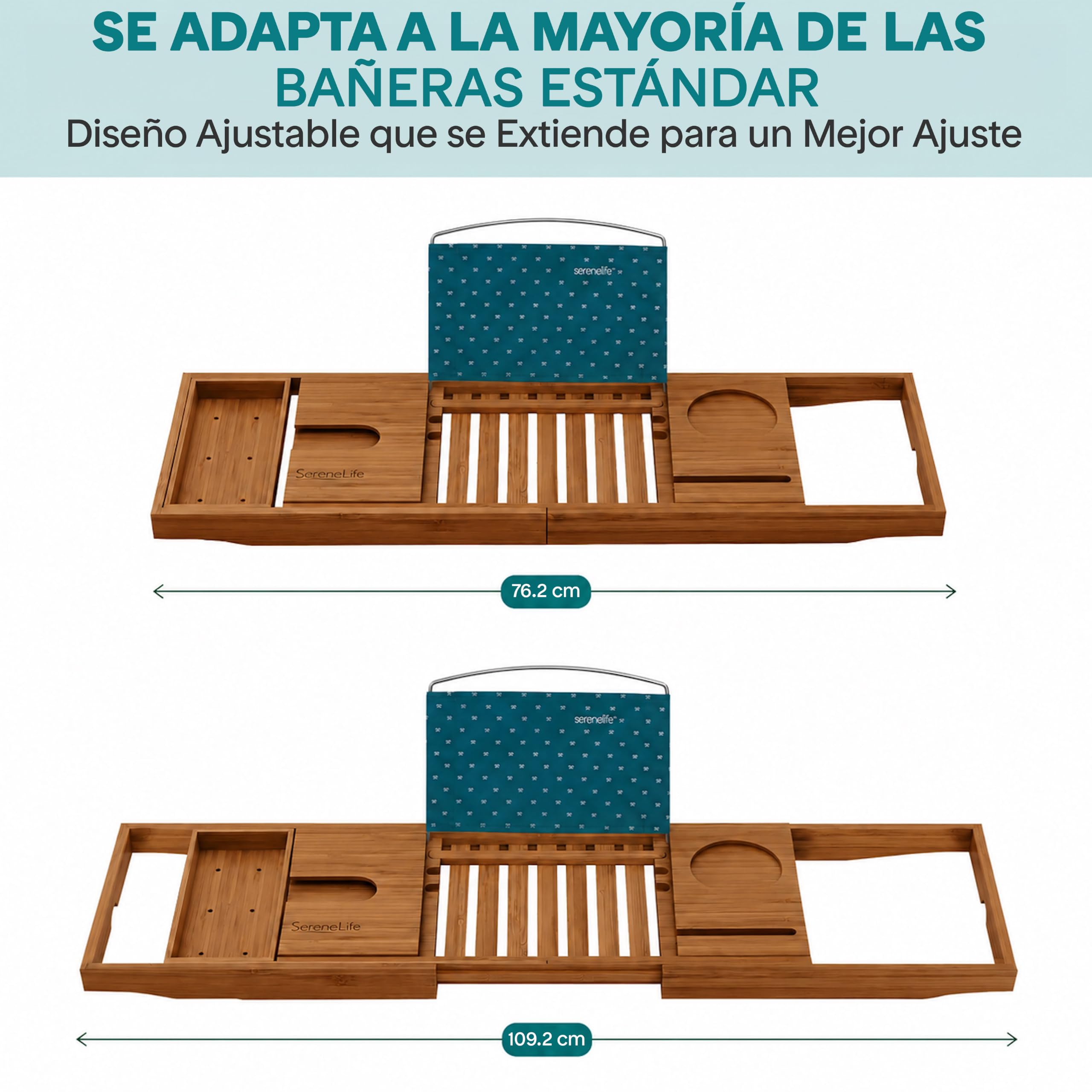 SereneLife Bandeja bañera, Bambu, Extensible, Ajustable, Soporte para Copa de Vino, Libro, Movil, Tablet