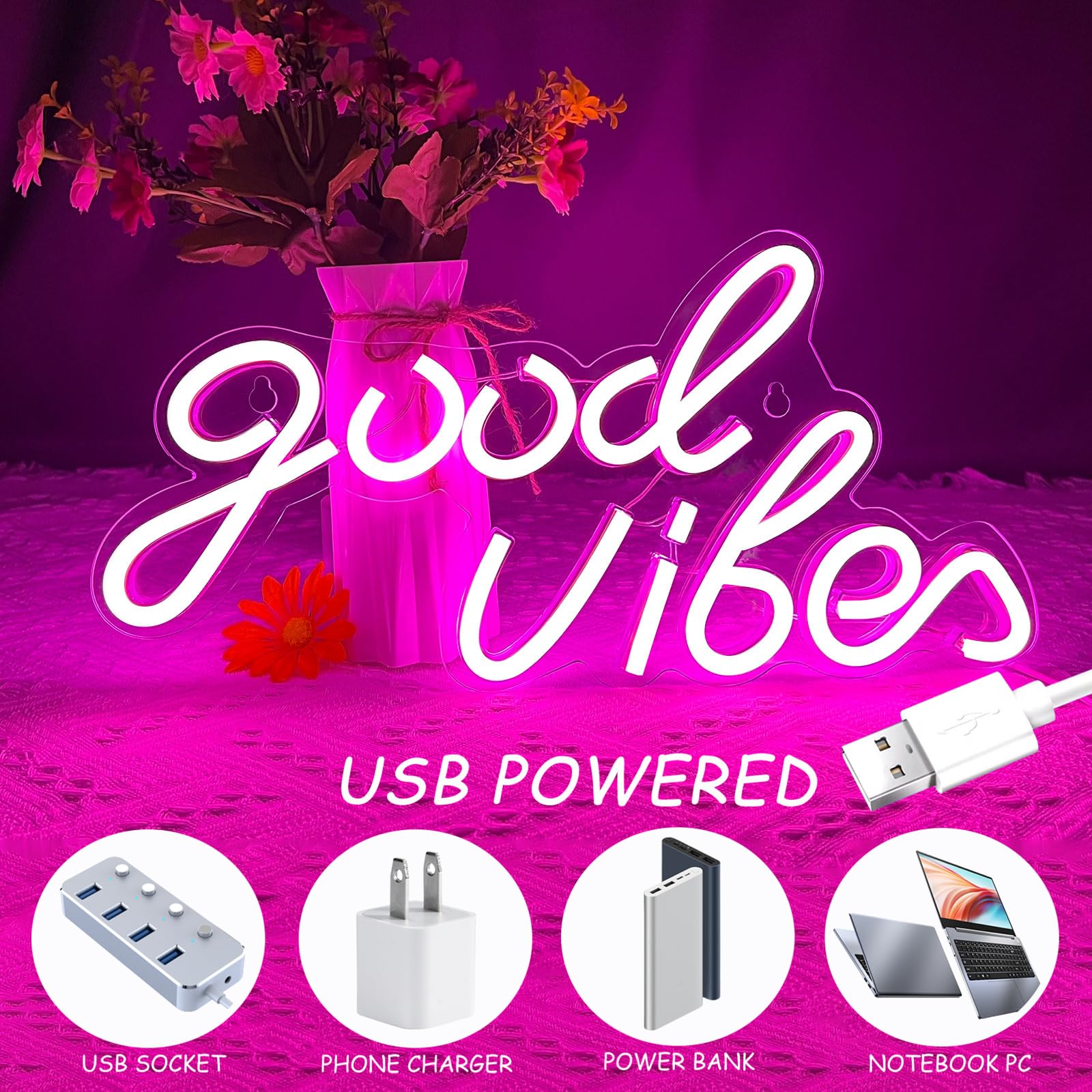 Enseigne Néon LED "Good Vibes" Rose - 40 X 22 Cm - Alimentation USB - Avec Chaîne Et Crochets - Déco Chambre, Bar, Fête