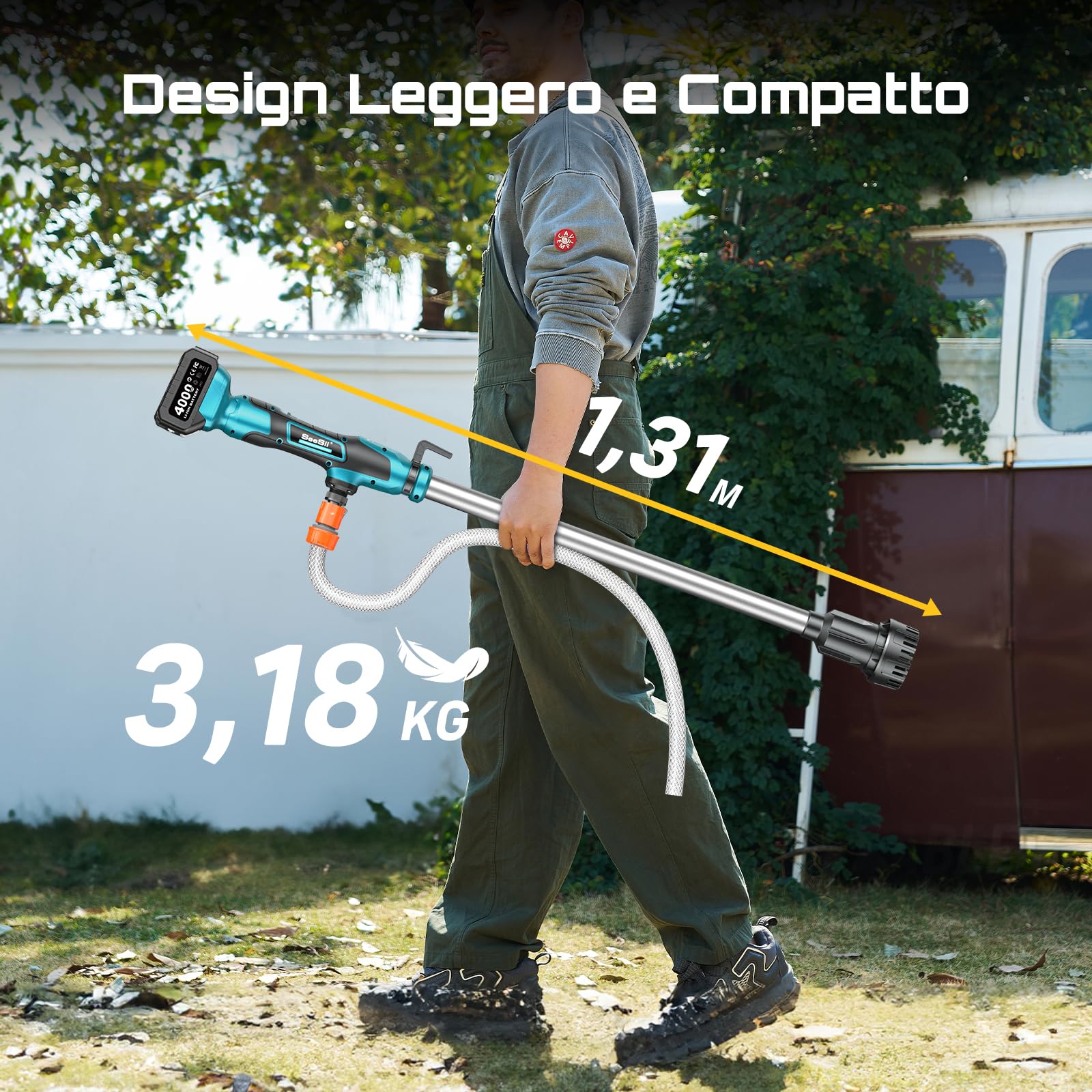 Seesii Pompa per acqua senza fili a bastone, batteria 4000mAh 21V, 720GPH, sollevamento 32 piedi, uscita 3/4". Ideale per drenaggio piscine, giardini, stagni, RV e barche. Leggera e portatile