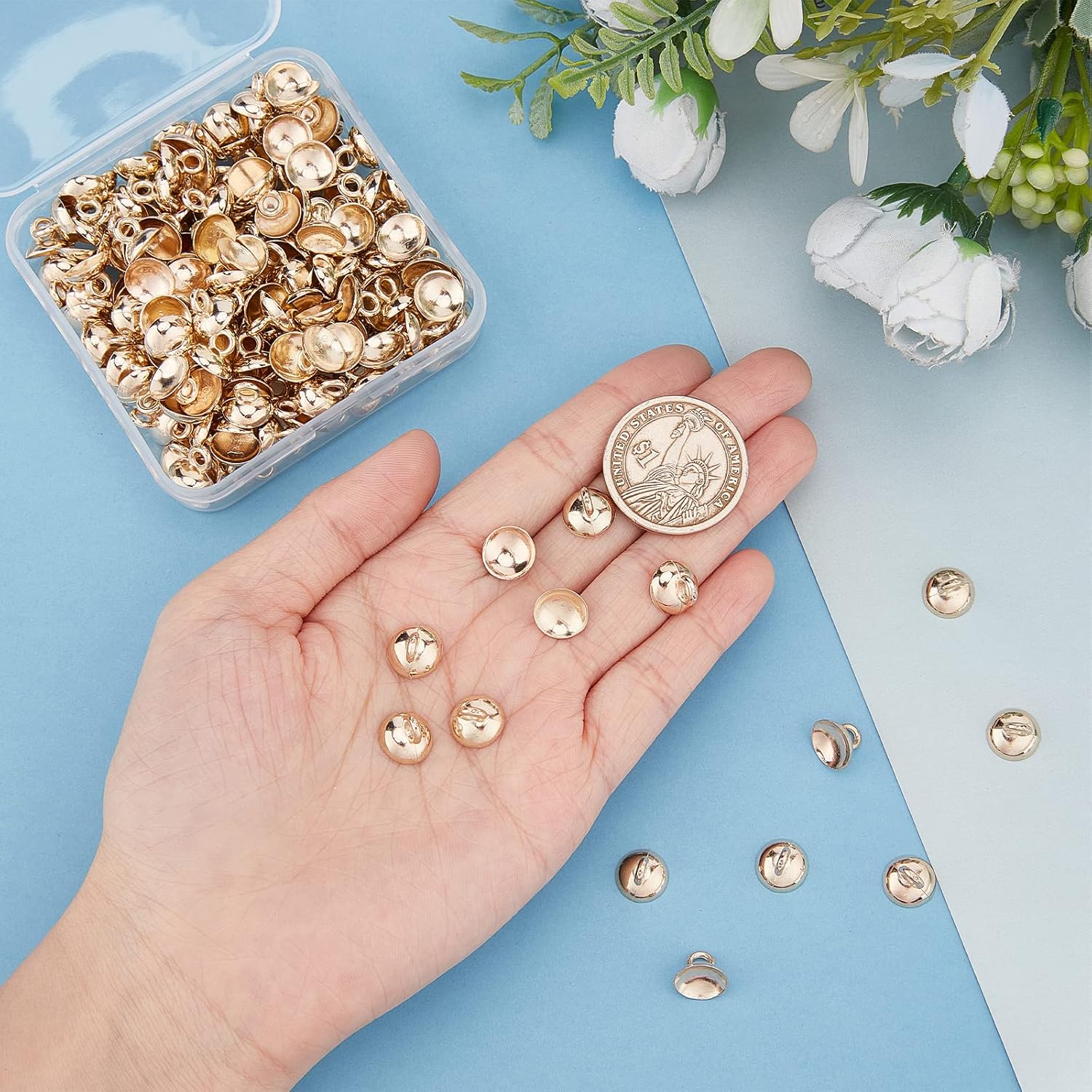SUNNYCLUE 1 Box 200Pcs Bail Cap Silver Bead Cap 10mm Cover Bead Caps with Loop End Cap Clasp Round Dangle Charm Connector for Jewelry Making Necklace Earrings Bracelet Adult DIY Glass Balls Craft