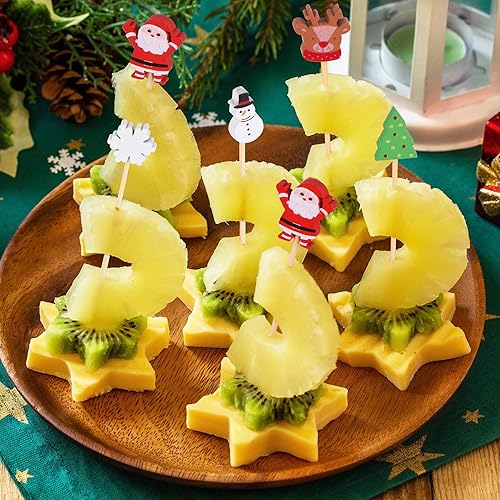 Miniatura 5 de JtmyAota Paquete de 100 palillos de dientes de Navidad para aperitivos, palillos de bambú natural de 4.7 pulgadas para pasteles, postres, alimentos,