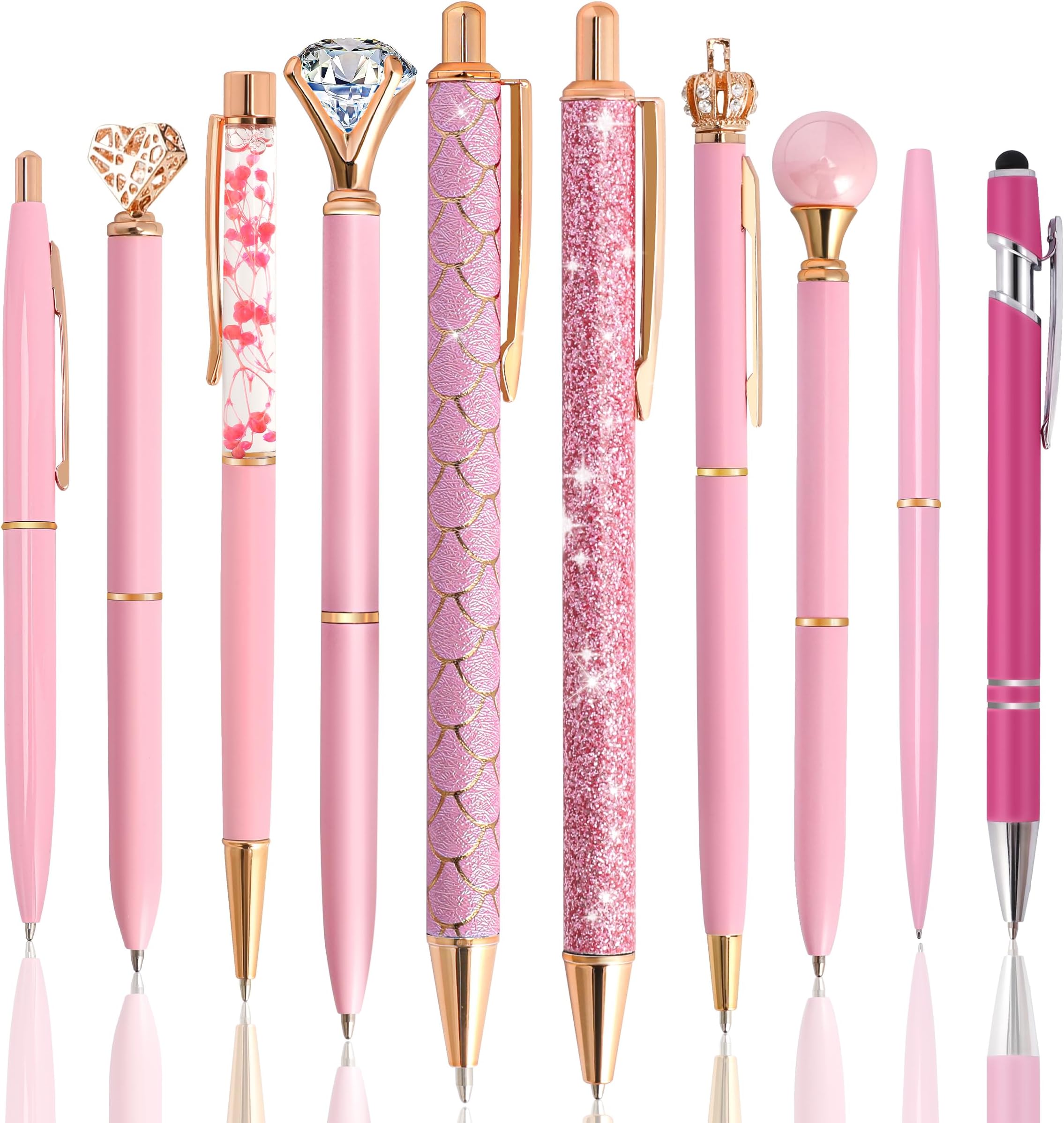 DAIKOYE 10 Pcs Ballpoint Pens Set Party Favors for Kids Pink Gifts Pink Pens for Women Girls Office Supplies School Supplies Black Ink Metal Crystal Diamond Pens