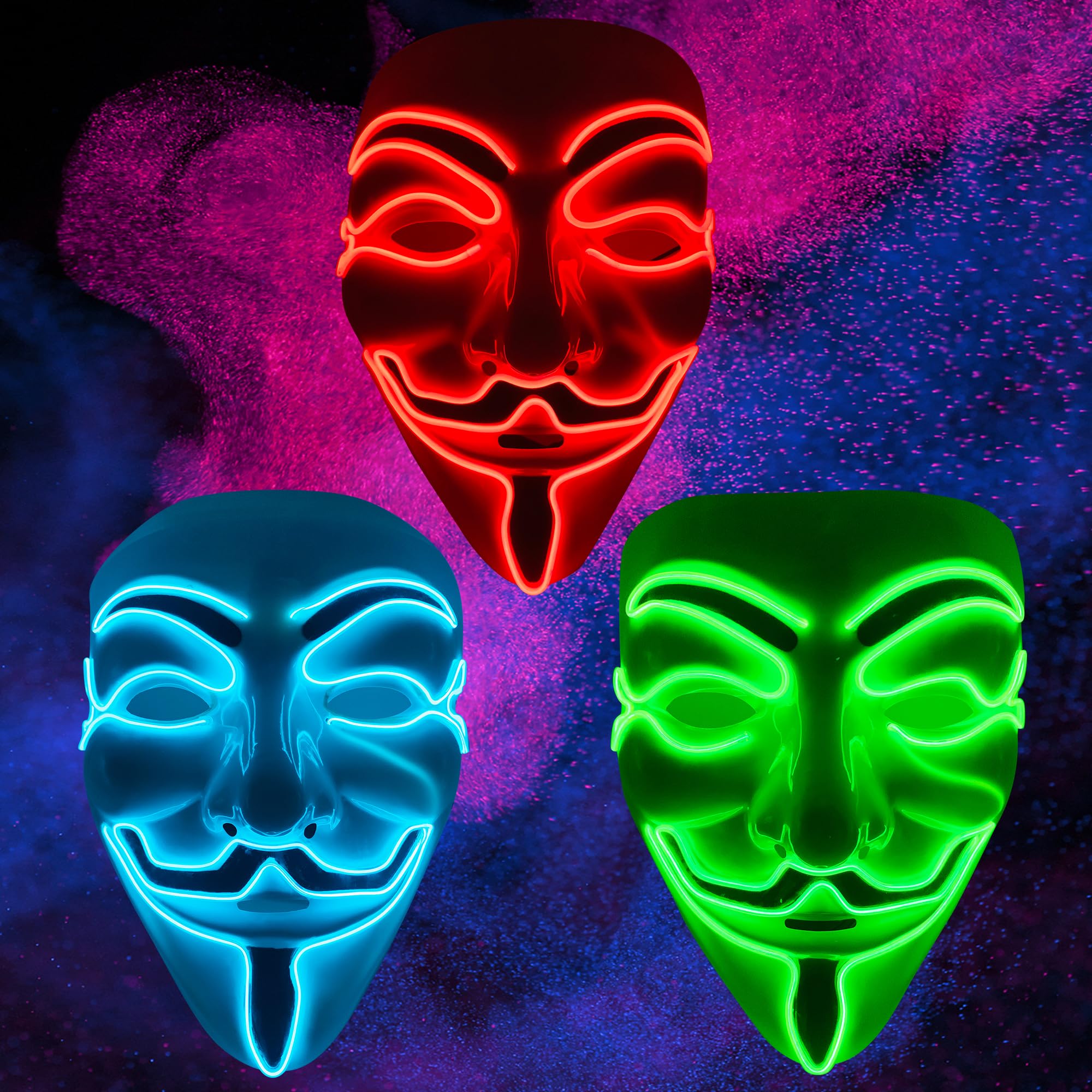 3 Pack EL Wire LED Halloween Light Up Scary Cosplay Masquerade Mask for Adult Parties