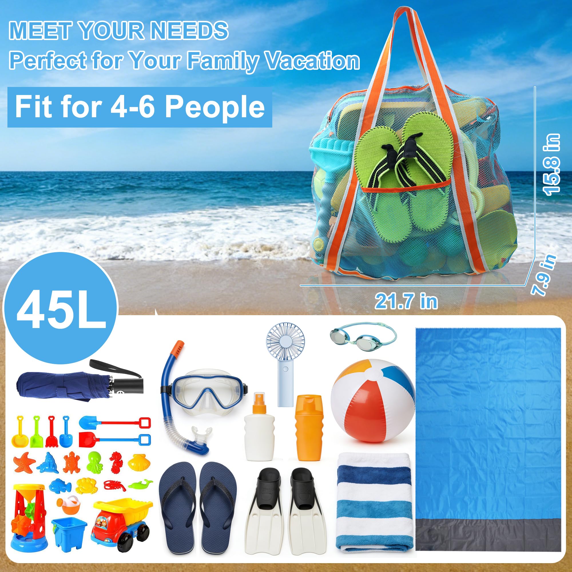 Leberna Bolsa de playa de malla grande, bolsa plegable familiar para juguetes y artículos esenciales de vacaciones