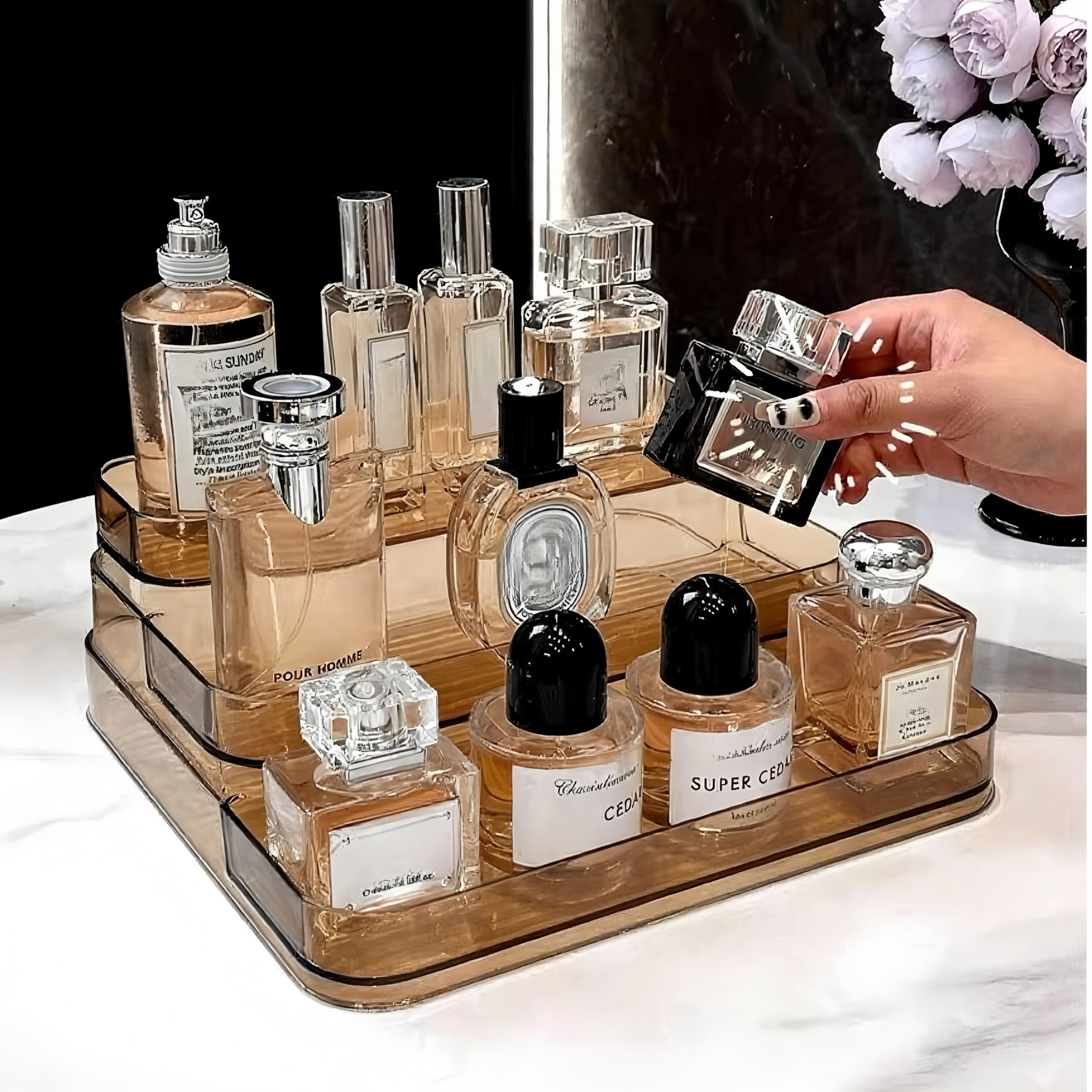 3 Tier Acrylic Display Stand, Perfume Organiser Stand, Cologne Trinket Display Shelf for Collectibles, Craft Fairs, Makeup, Pop Figures, Jewelry, Cupcake, Display Risers Stand Holder, Brown