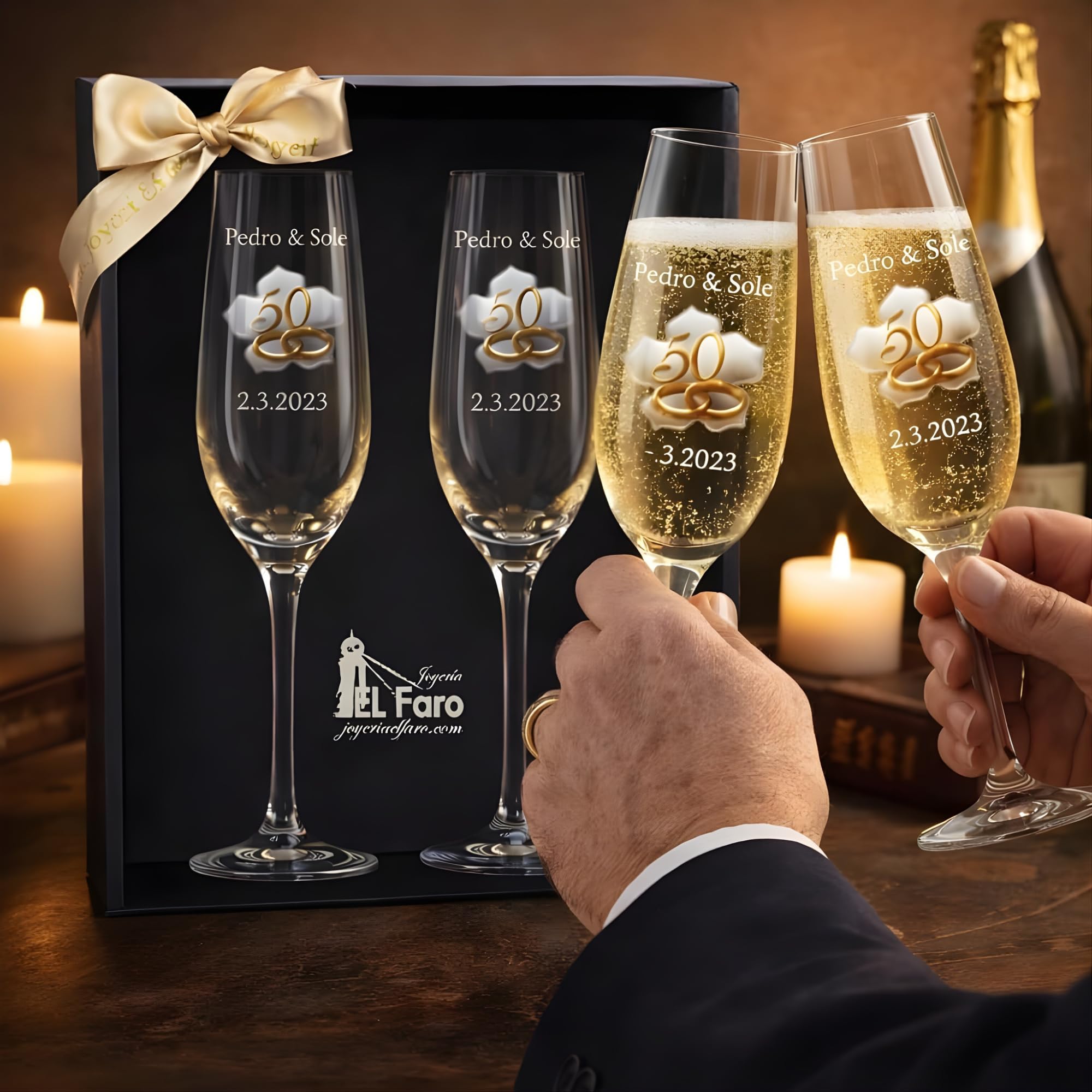 JOYERIA EL FARO Copas de Champán Personalizadas para Bodas de Oro – Juego de 2 Copas con Chapita Dorada en Forma de Hoja – Estuche Premium de Joyería – Regalo 50 Aniversario de Casados
