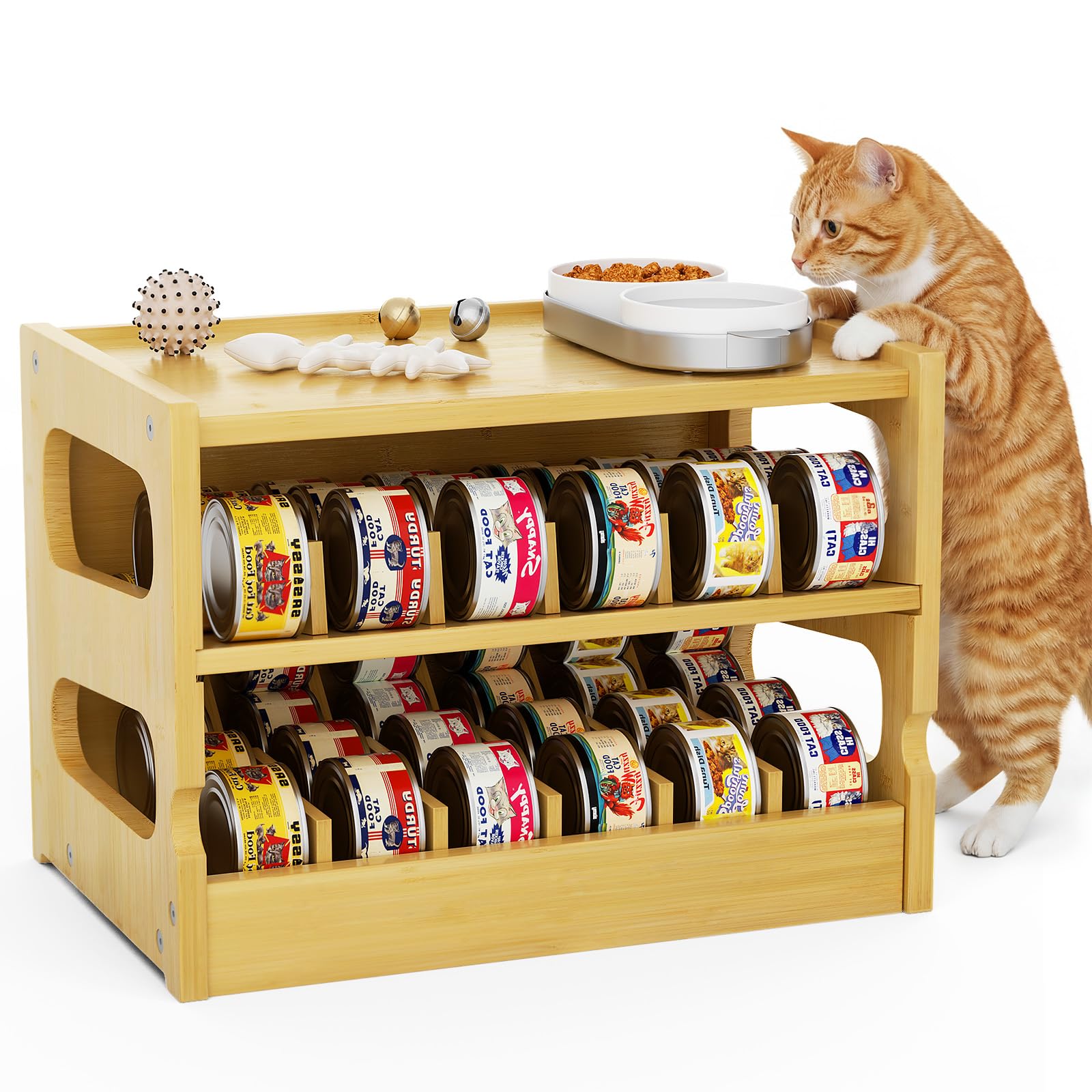 Organizador de latas de comida de bambú para gatos, capacidad para 36 latas (3 onzas), estante de almacenamiento de alimentos húmedos para gatos, dispensador de latas de comida rodante para