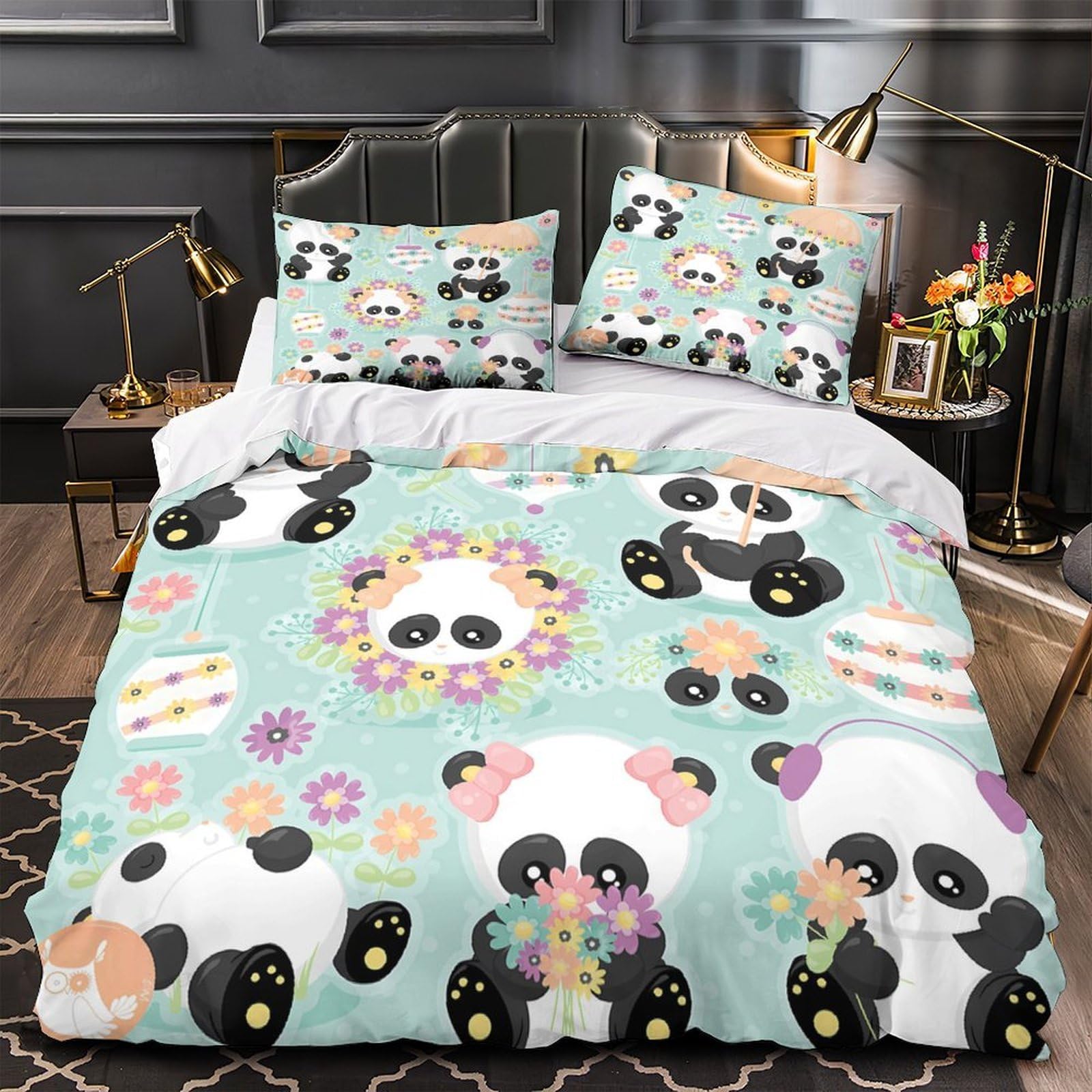 Parure de lit enfant 135x200 cm avec housse de couette imprimé panda mignon en microfibre douce
