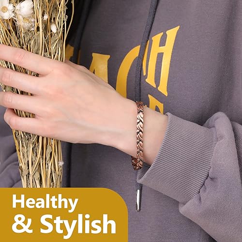 Miniatura 9 de Feraco 2 pulseras de cobre y pulseras magnéticas para mujer con 3500 imanes de terapia Gauss, pulsera magnética de acero de titanio con fritillaria