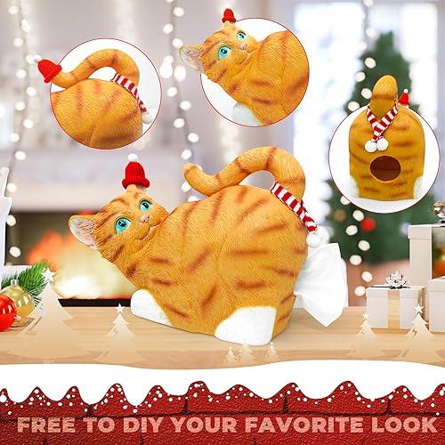 Miniatura 4 de Bonito soporte para caja de pañuelos de gato, divertido regalo de Navidad, color naranja con bufanda de Navidad y sombrero de Navidad, se adapta a