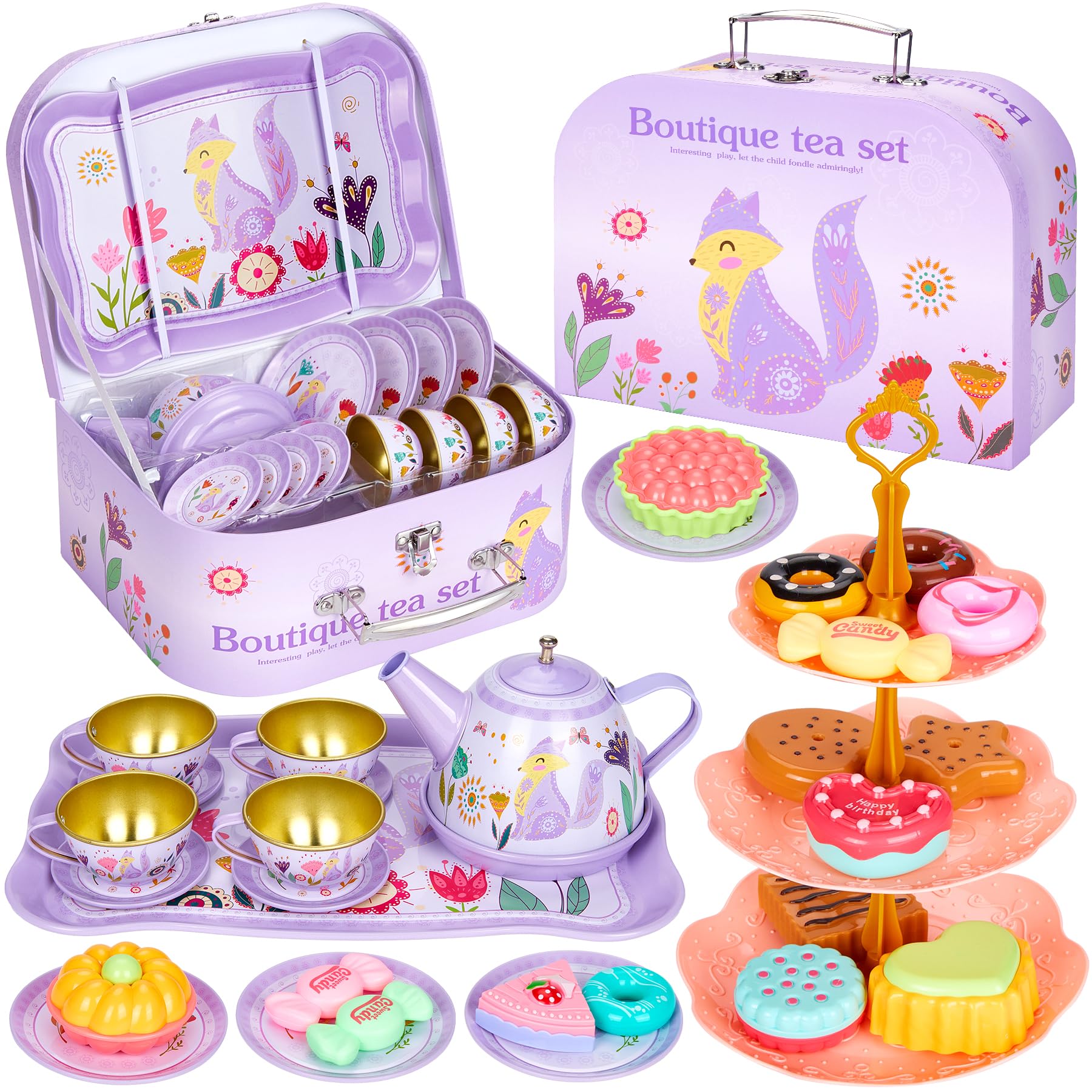 Theeservies voor kinderen, 46-delig, poppenservies, kinderkeuken, tin