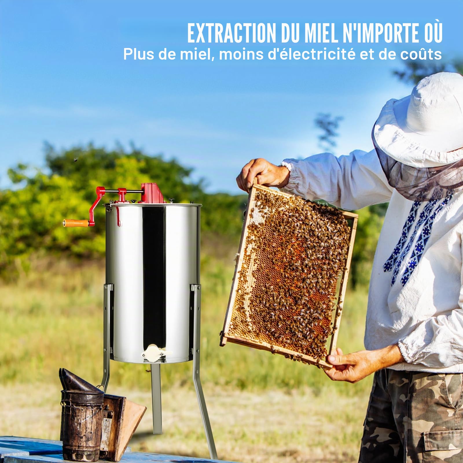 VEVOR Extracteur de Miel Manuel 2/4 Cadres Centrifugeuse Séparateur Miel en Acier INOX avec Couvercle Taille du Nid d'Abeilles Adaptée Profond 48x23 cm Moyen 48x16 cm Hauteur Réglable pour Apiculture