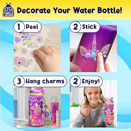 Miniatura 5 de PURPLE LADYBUG Decora tu propio kit de botella de agua para niñas, diseño de unicornio con calcomanías de gemas con purpurina, regalos para niñas de