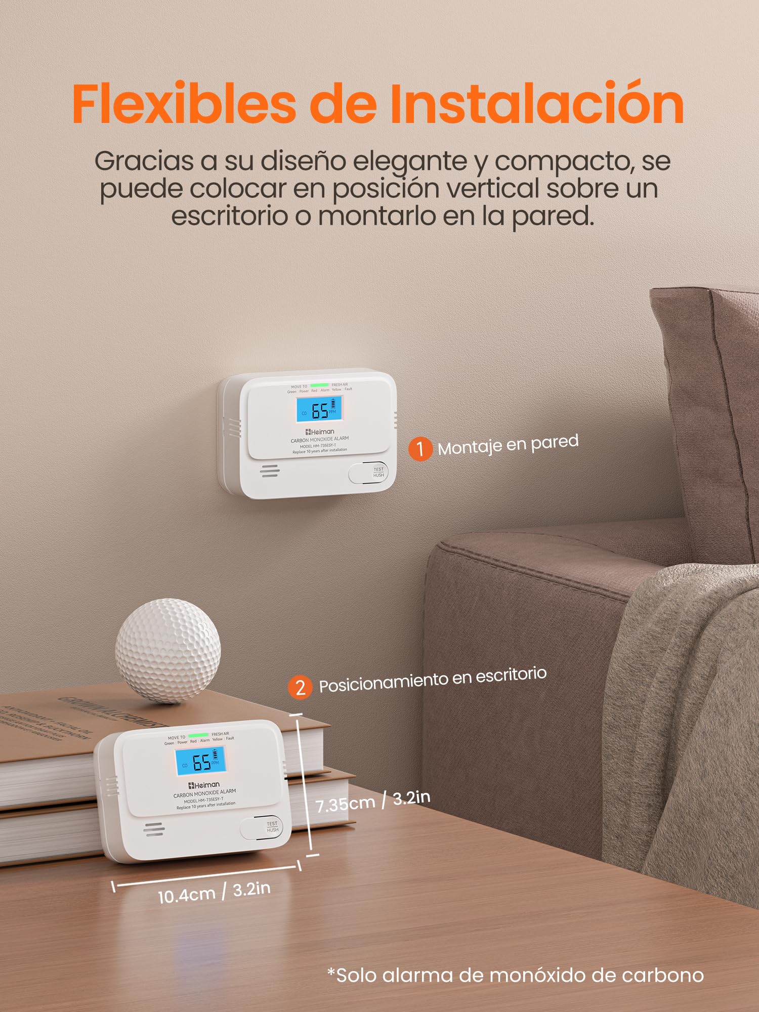 Heiman Detector de monóxido de carbono con pantalla LCD digital, 2 unidades | Detector de monóxido de carbono con batería de 10 años, detector de CO para el hogar, alarma CO BSI, norma EN 50291