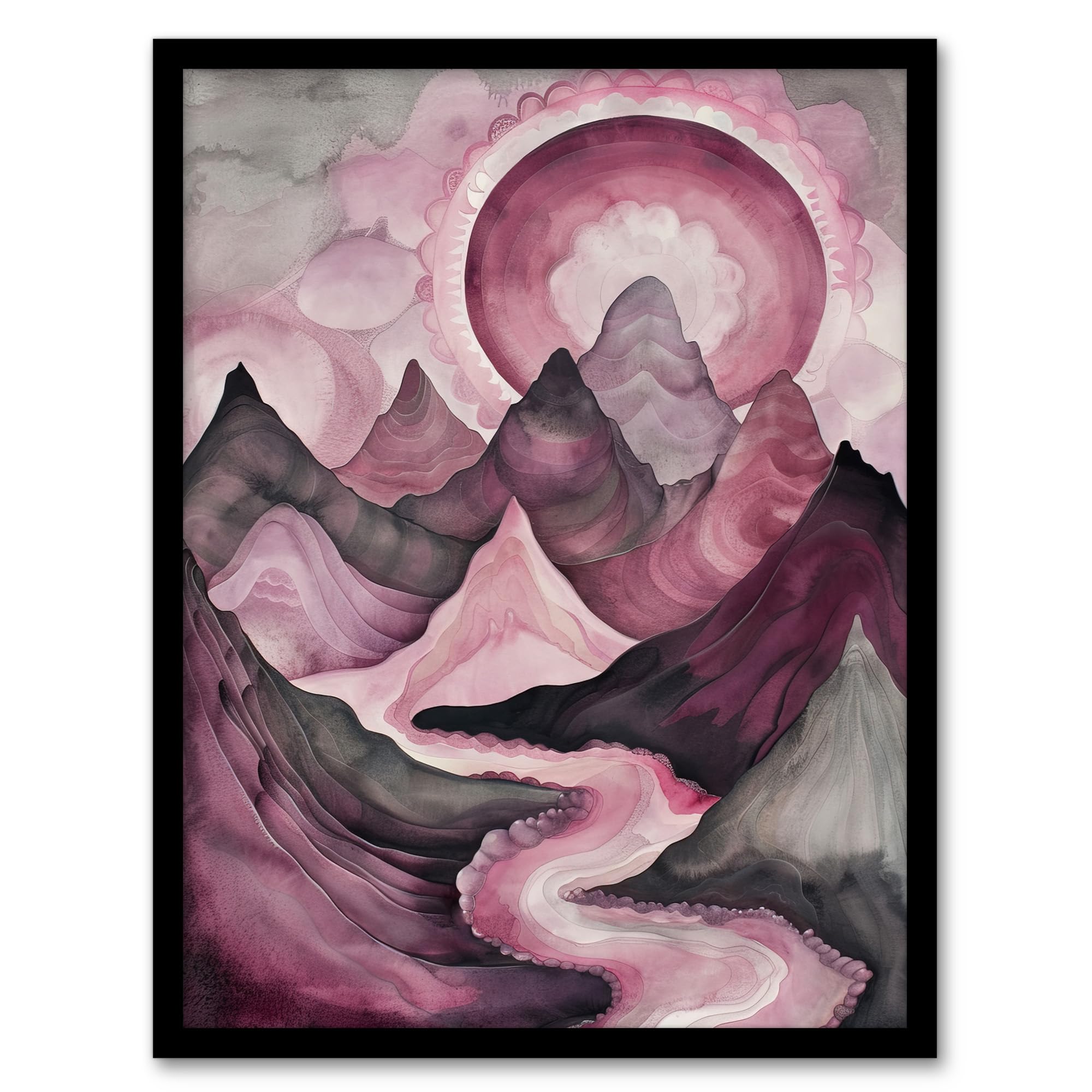 Artery8 Purple Fantasy Mountain Path Sunset Watercolour Living Room Artwork Framed Wall Art Print A4