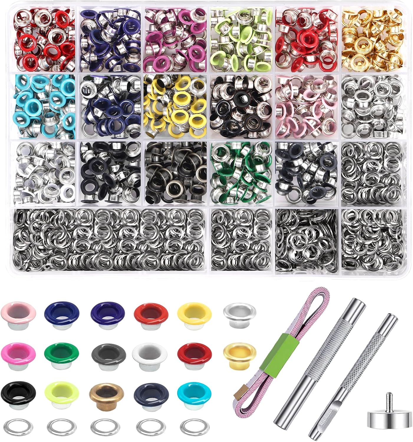 Metal Eyelets Grommets, 680Pcs 17 Colors 3/16 inch Metal Grommets Kit, Multi-Color Eyelets Set with Installation Tool, Measuring Tape and Storage Box for DIY Shoes Belt Clothes Crafts Bag