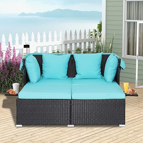 Miniatura 9 de RELAX4LIFE Sofá cama para patio al aire libre con toldo, tumbona de mimbre con cojines, 4 almohadas y 2 bandejas laterales retráctiles, conversación