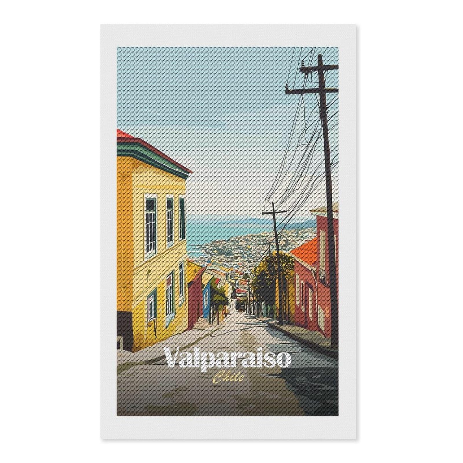 Junmoney Valparaiso, Chile Street View DIY Diamond Art Canvas Kit 12"x20", Simple to Start, Fun Craft Experience, Modern Decor, Gift Idea, Adhesive Canvas