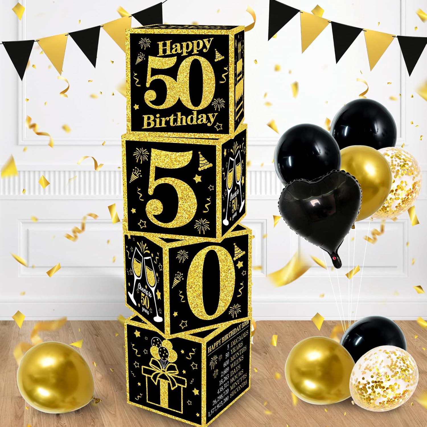 TONIFUL 4 Pcs 50th Birthday Decorations Boxes for Men Women,Fifty Years Old Birthday Cardboard Box Party Supplies,Black and Gold 50th Birthday Party Decorations