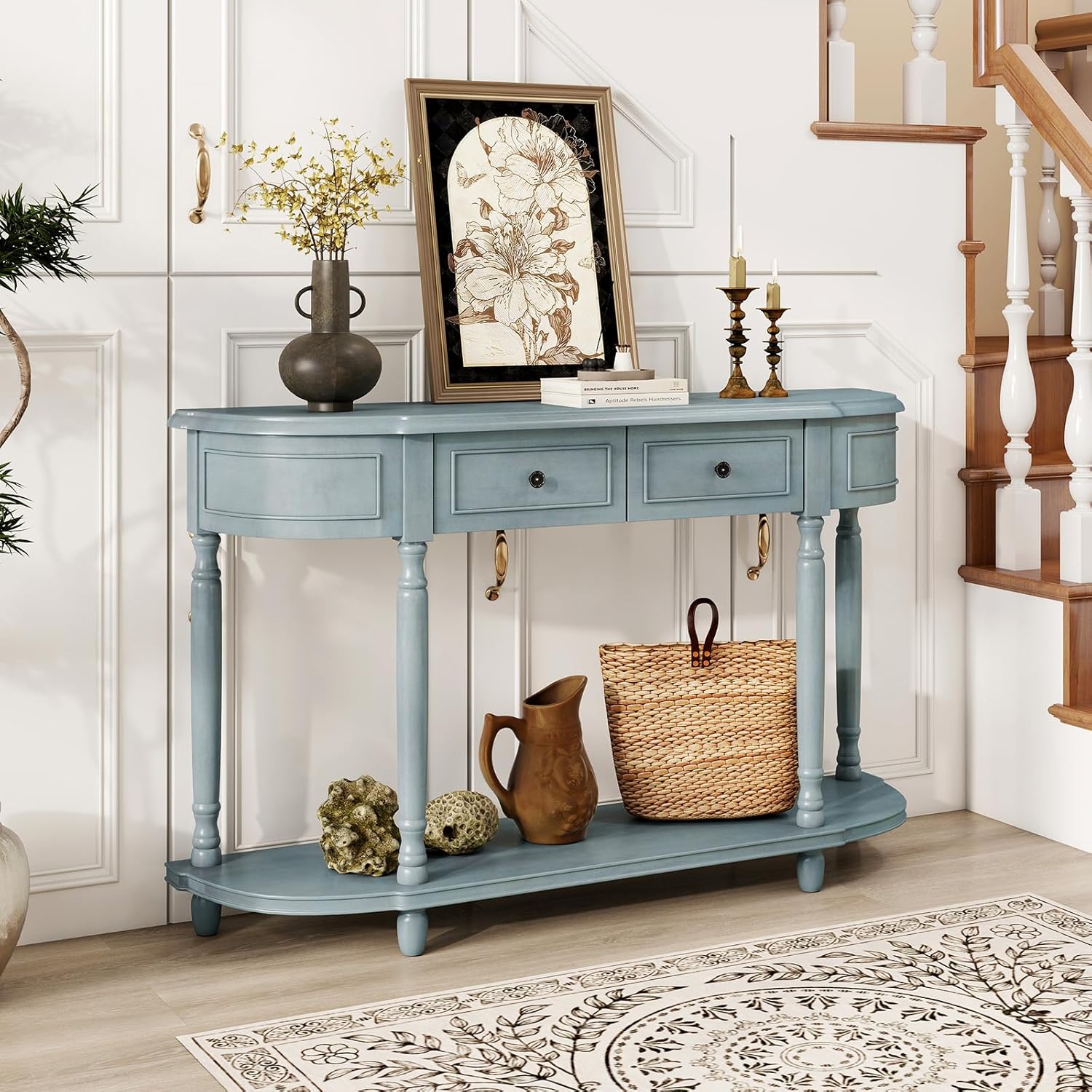 52" Blue Wood Console Table with Storage Drawers and Shelf