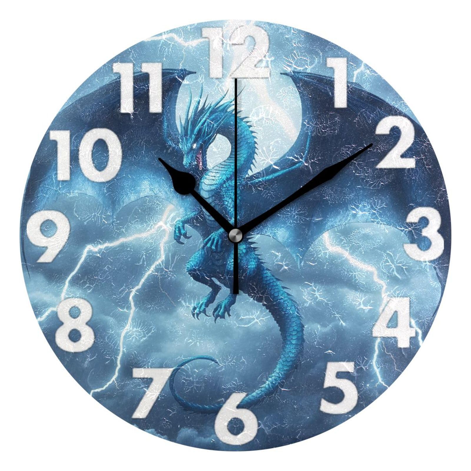 Horloge murale ronde Dragon Lightning bleu silencieuse de 30 cm de diamètre pour salon