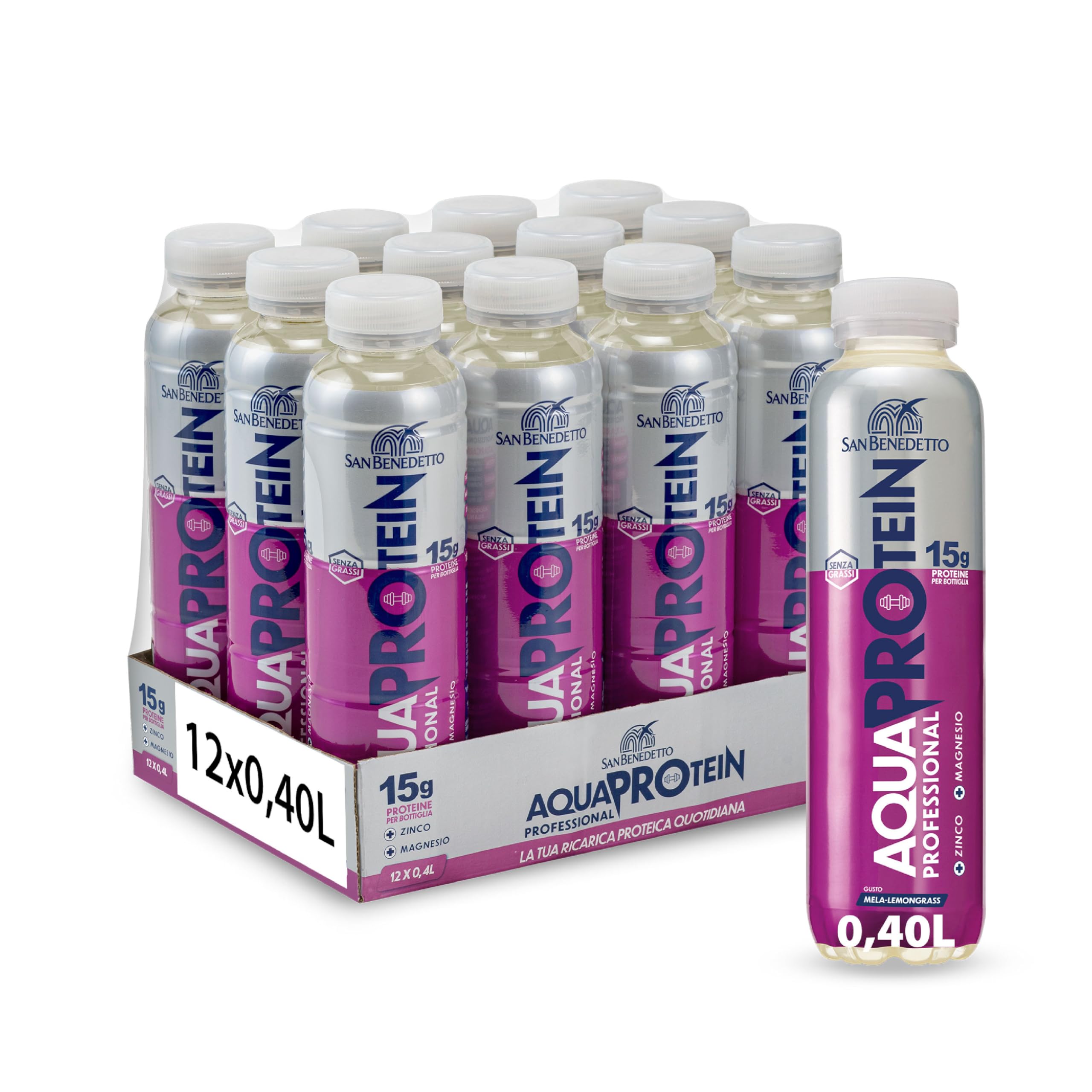 San Benedetto Aquaprotein, Bevanda con alto contenuto di proteine in Acqua Minerale, più Zinco e Magnesio, Proteine Ready to Drink, 12x400ml