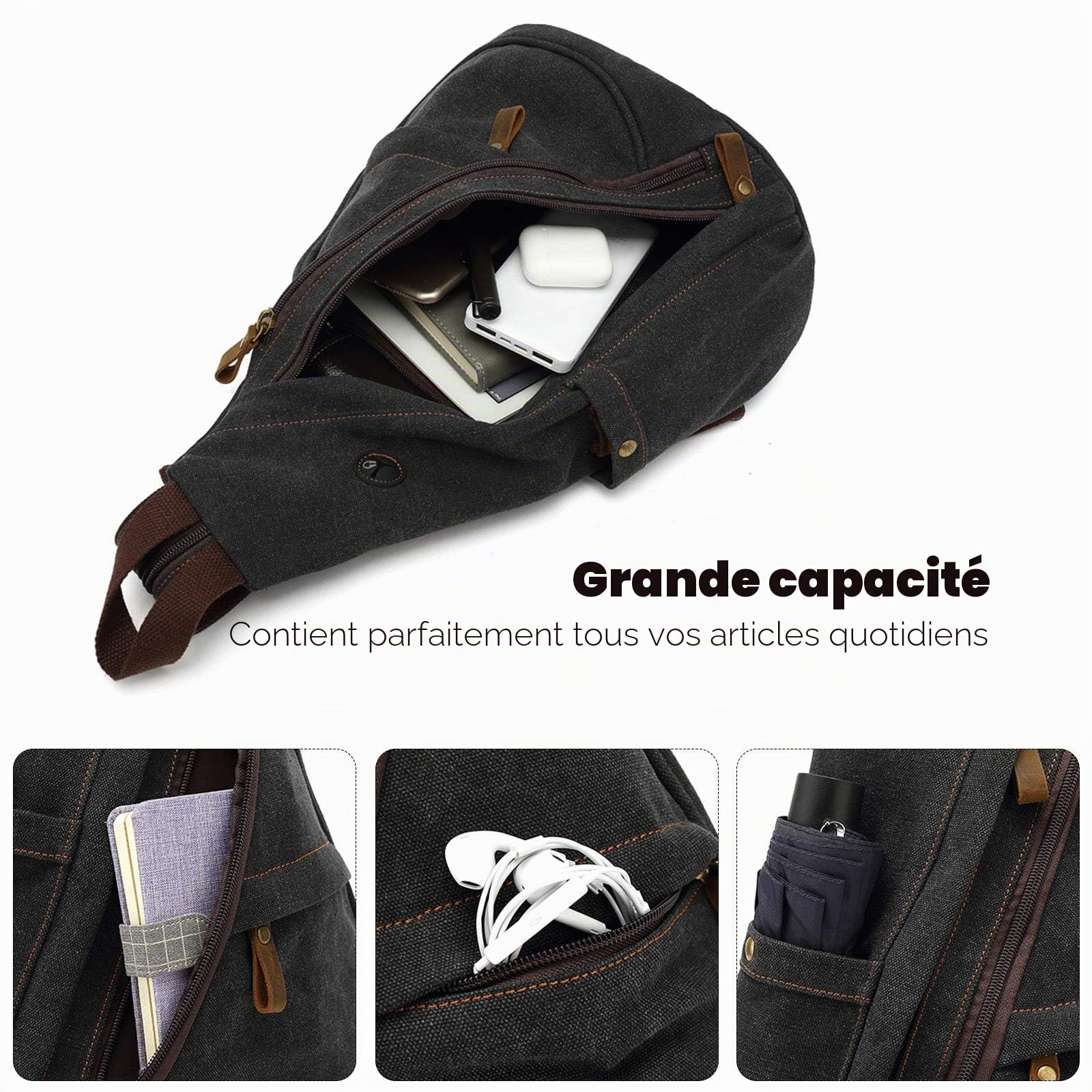 FANDARE Retro Sac de Poitrine Homme Sac À Dos Femme Sling Bag Toile Sac d'Epaule Sacoche Sac Bandoulière pour Affaires Université École Cyclisme Camping Voyage