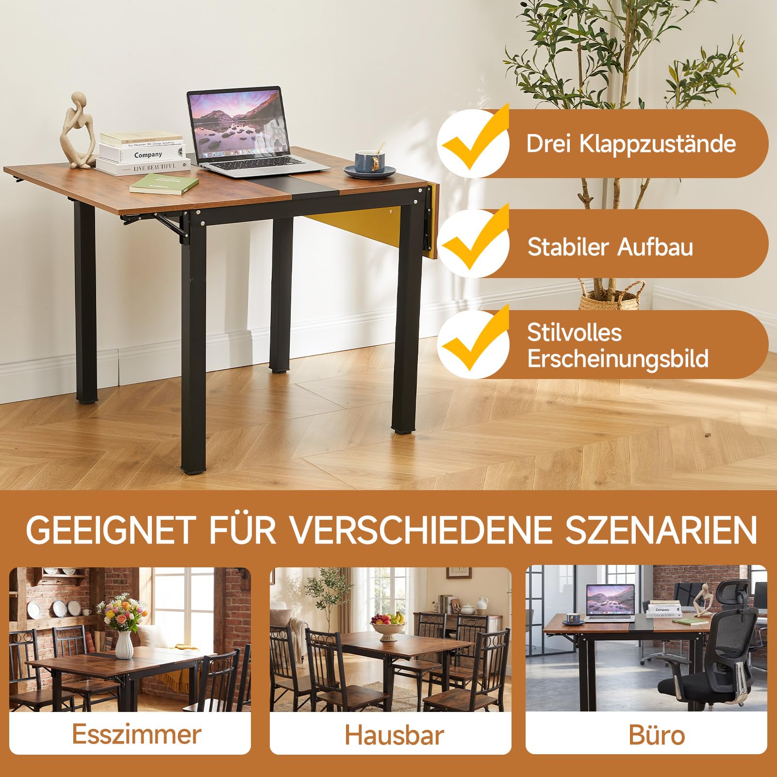 HAUSPROFI Klappbarer Esstisch, Küchentisch, 120 x 78 x75 cm klappbarer Küchentisch für 2-4 Personen, für kleine Räume, Küche, Wohnzimmer, Wohnung, vintagebraun-tintenschwarz